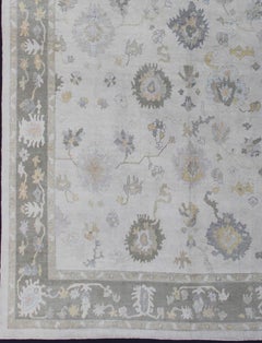 Large Oushak Rug with Soft Gray, Sage Green, and Muted Pastel Accents