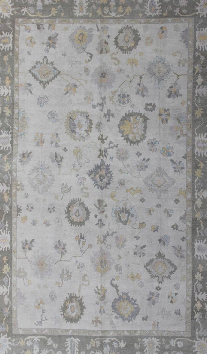 Hand-Knotted Very Large Turkish Oushak Rug with Neutral Color Palette and All-Over Design For Sale