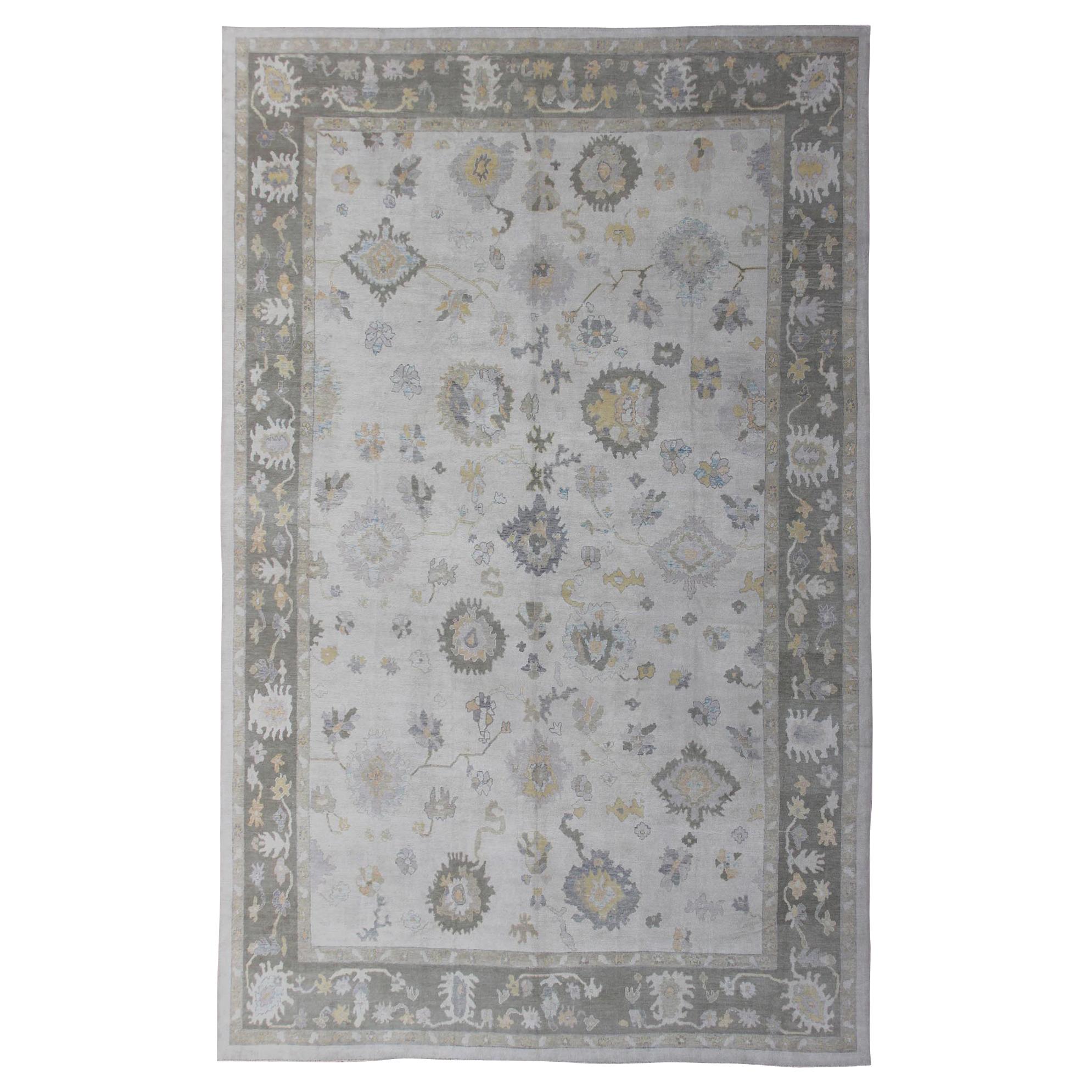 Very Large Turkish Oushak Rug with Neutral Color Palette and All-Over Design For Sale