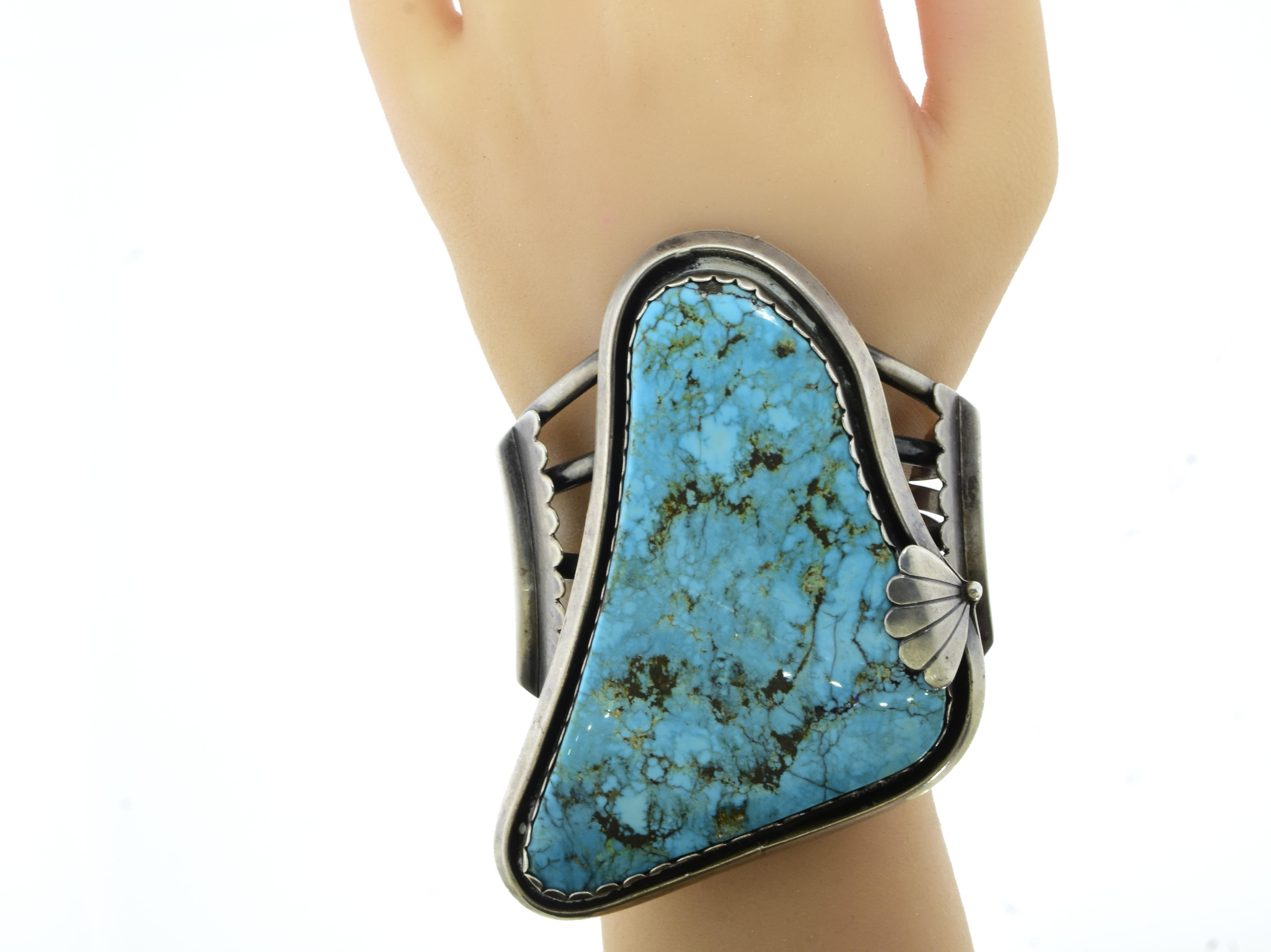 Contemporary Very Large Turquoise Native American Vintage Silver Bangle Bracelet For Sale