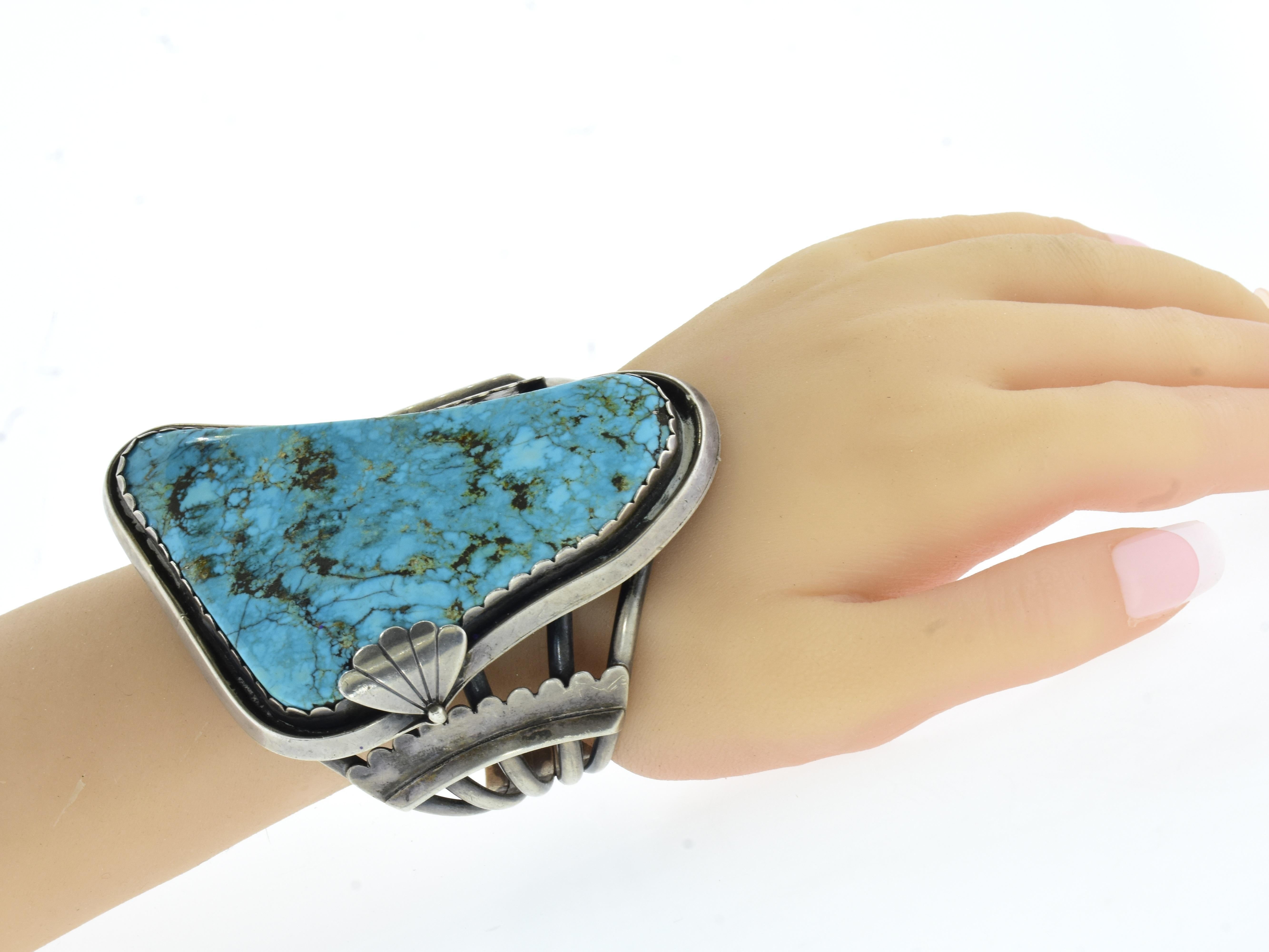 Cabochon Very Large Turquoise Native American Vintage Silver Bangle Bracelet For Sale