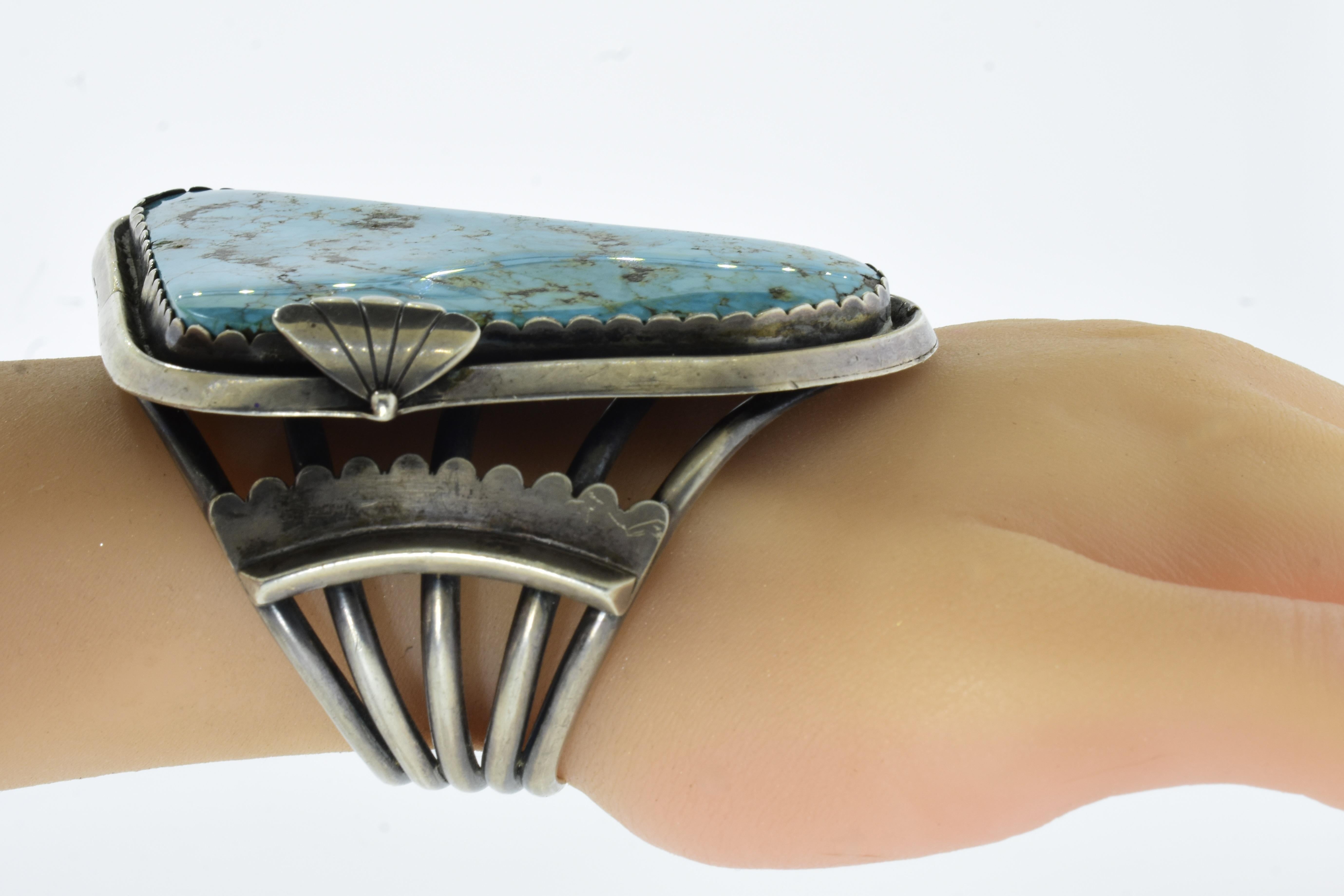 Very Large Turquoise Native American Vintage Silver Bangle Bracelet In Excellent Condition For Sale In Aspen, CO