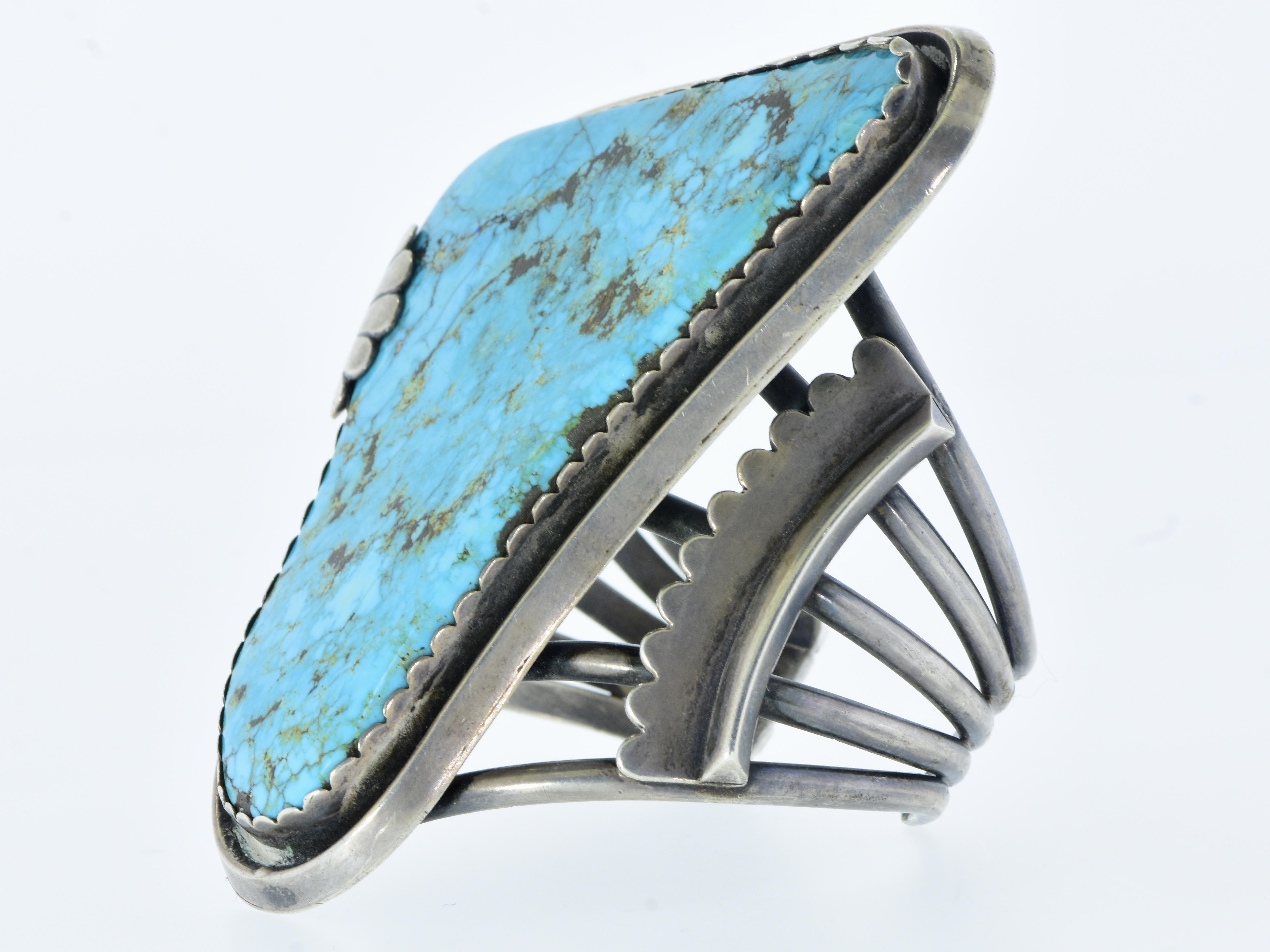 Women's or Men's Very Large Turquoise Native American Vintage Silver Bangle Bracelet For Sale