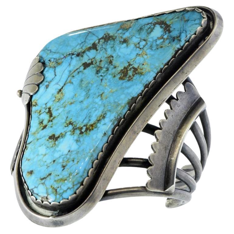 Very Large Turquoise Native American Vintage Silver Bangle Bracelet For Sale