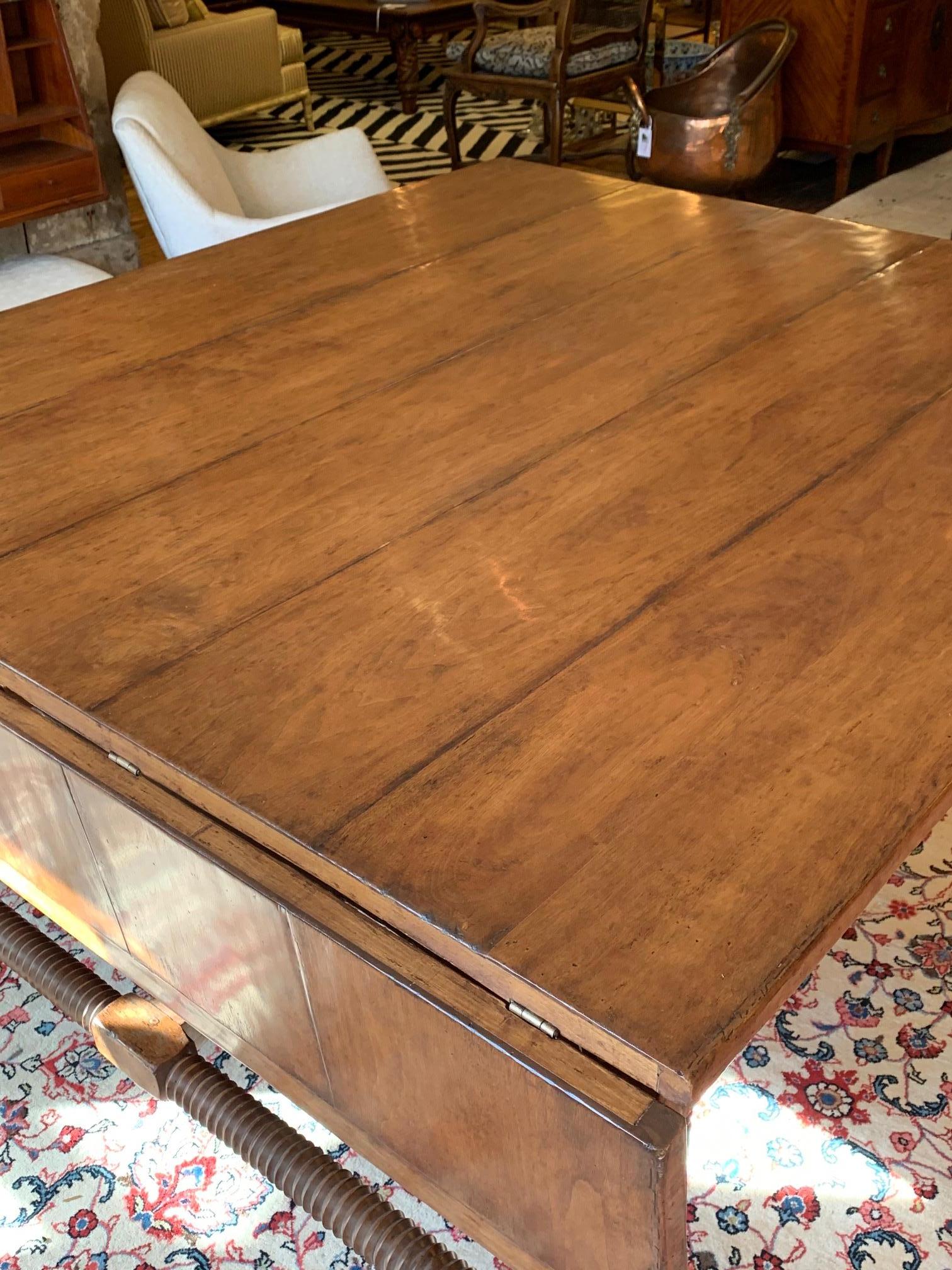 American Very Large Tuscan Style Drop Leaf Center or Dining Table with Drawers