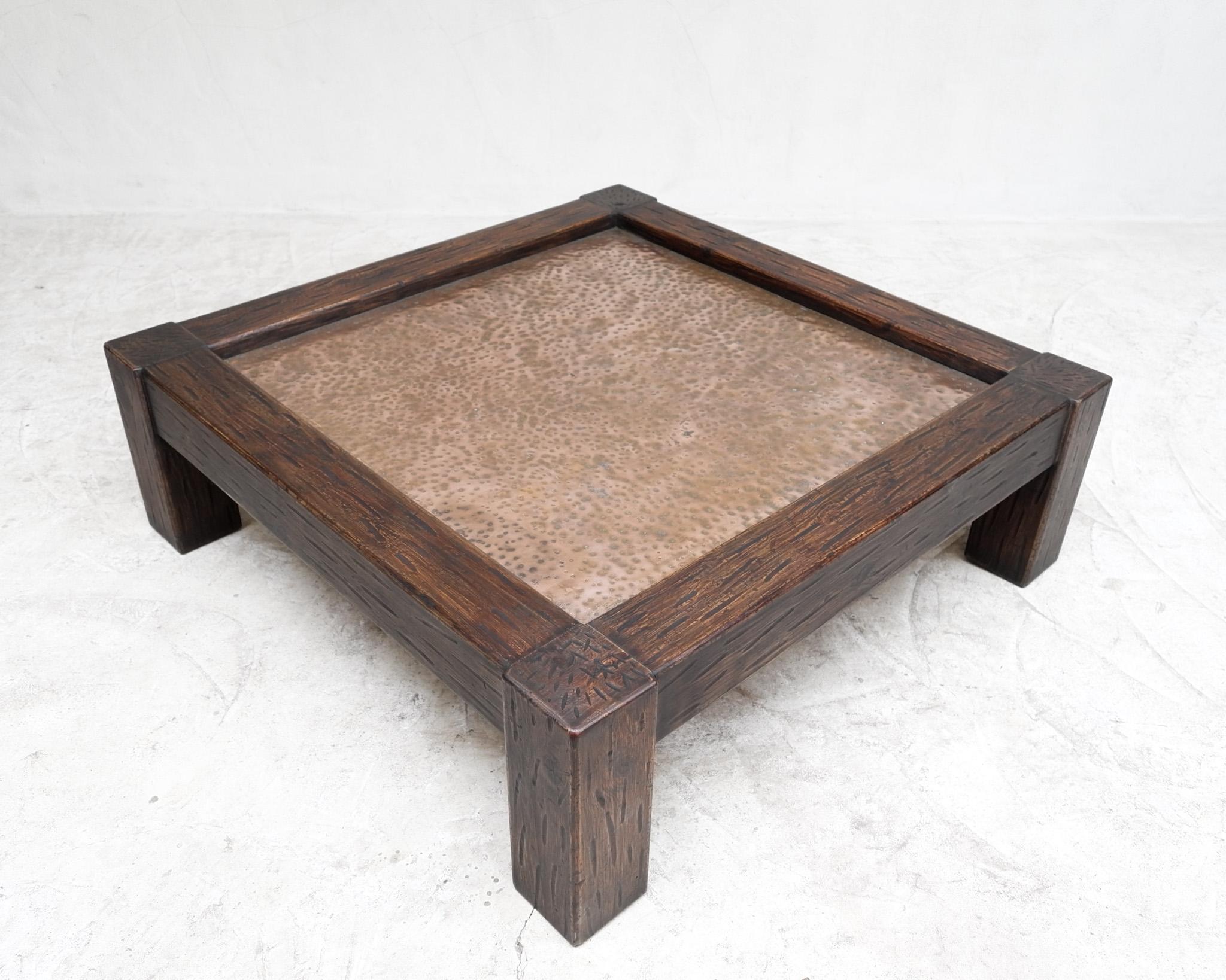 Spanish Very Large Unique Hewn Pine & Hammered Copper Brutalist Coffee Table For Sale
