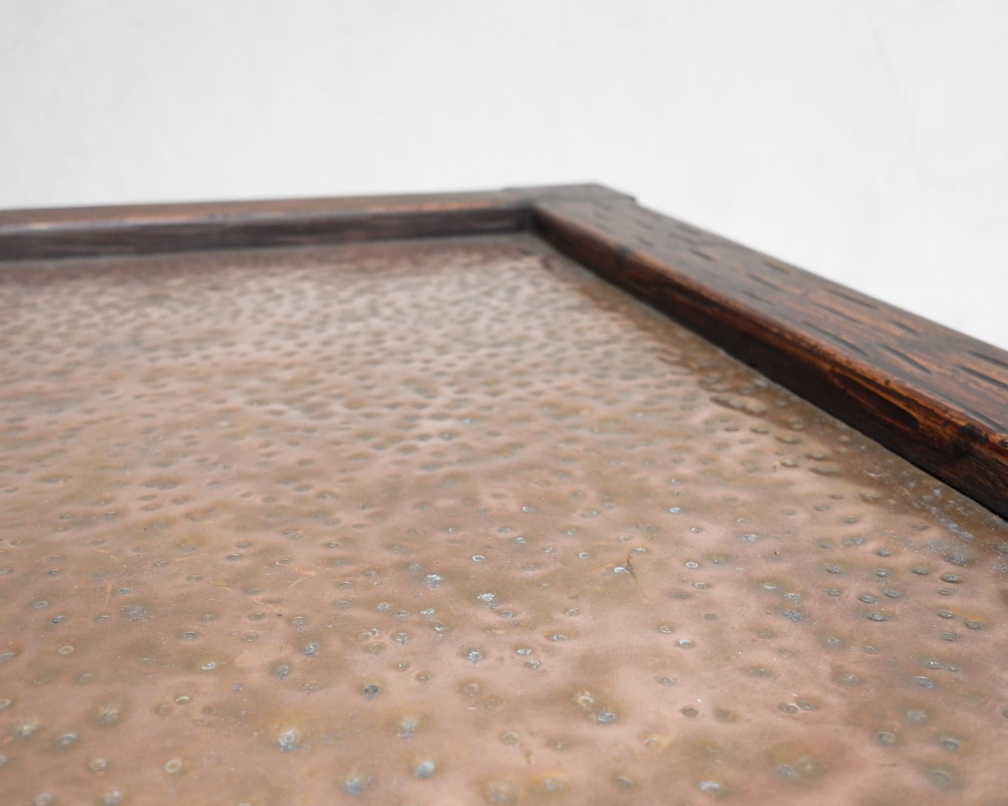 Very Large Unique Hewn Pine & Hammered Copper Brutalist Coffee Table For Sale 1