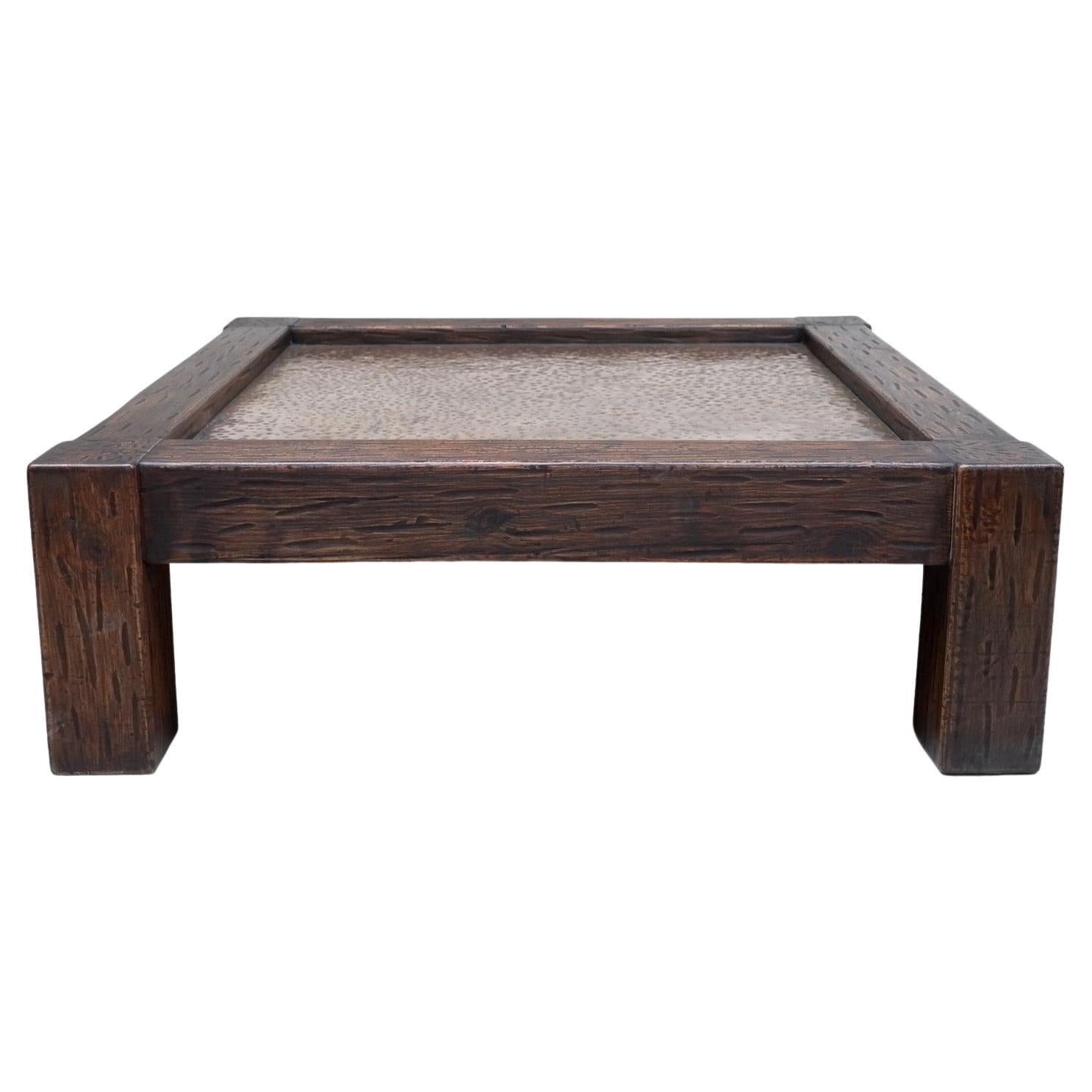 Very Large Unique Hewn Pine & Hammered Copper Brutalist Coffee Table For Sale