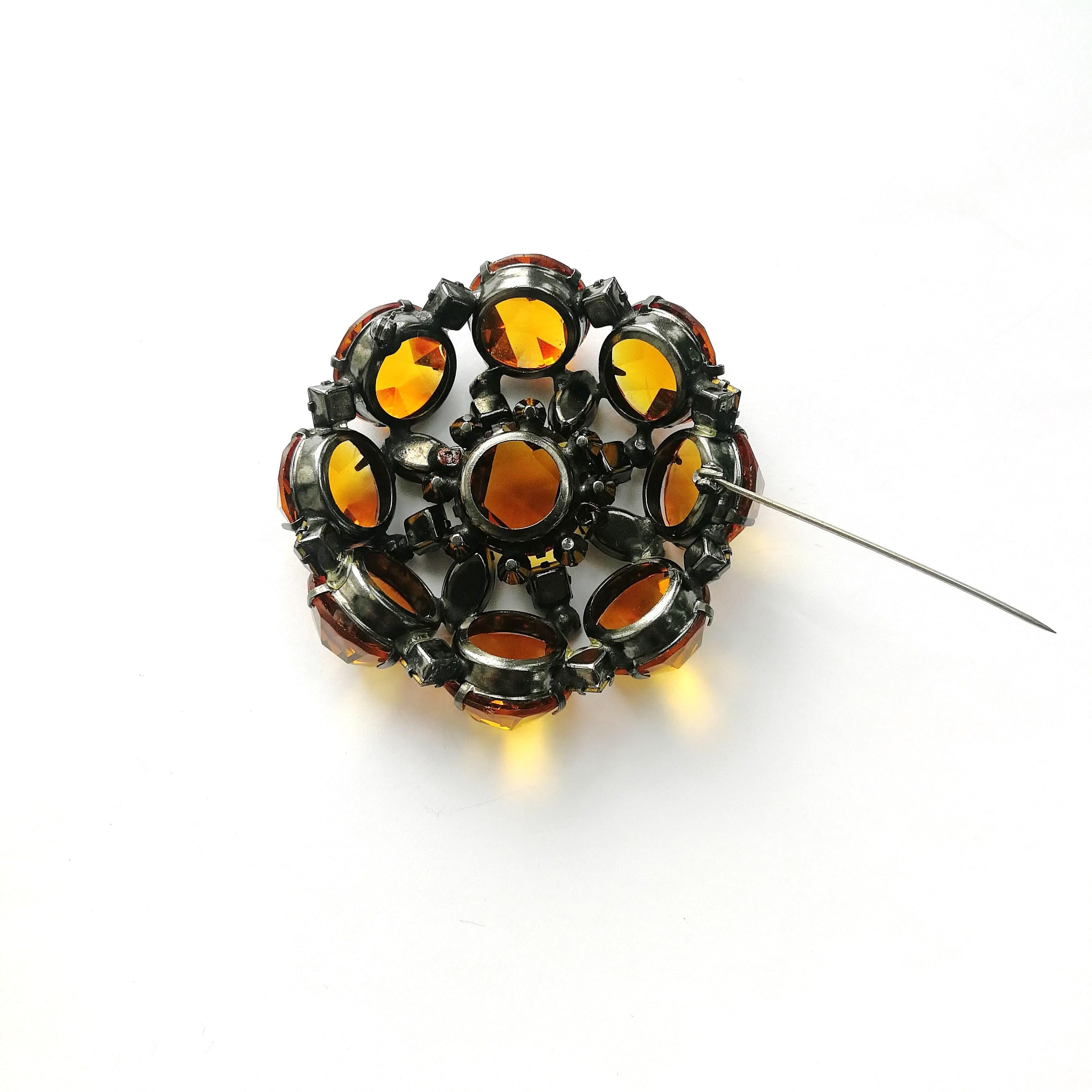Very large unsigned topaz and citrine glass brooch, Schreiner, New York, 1960s 3