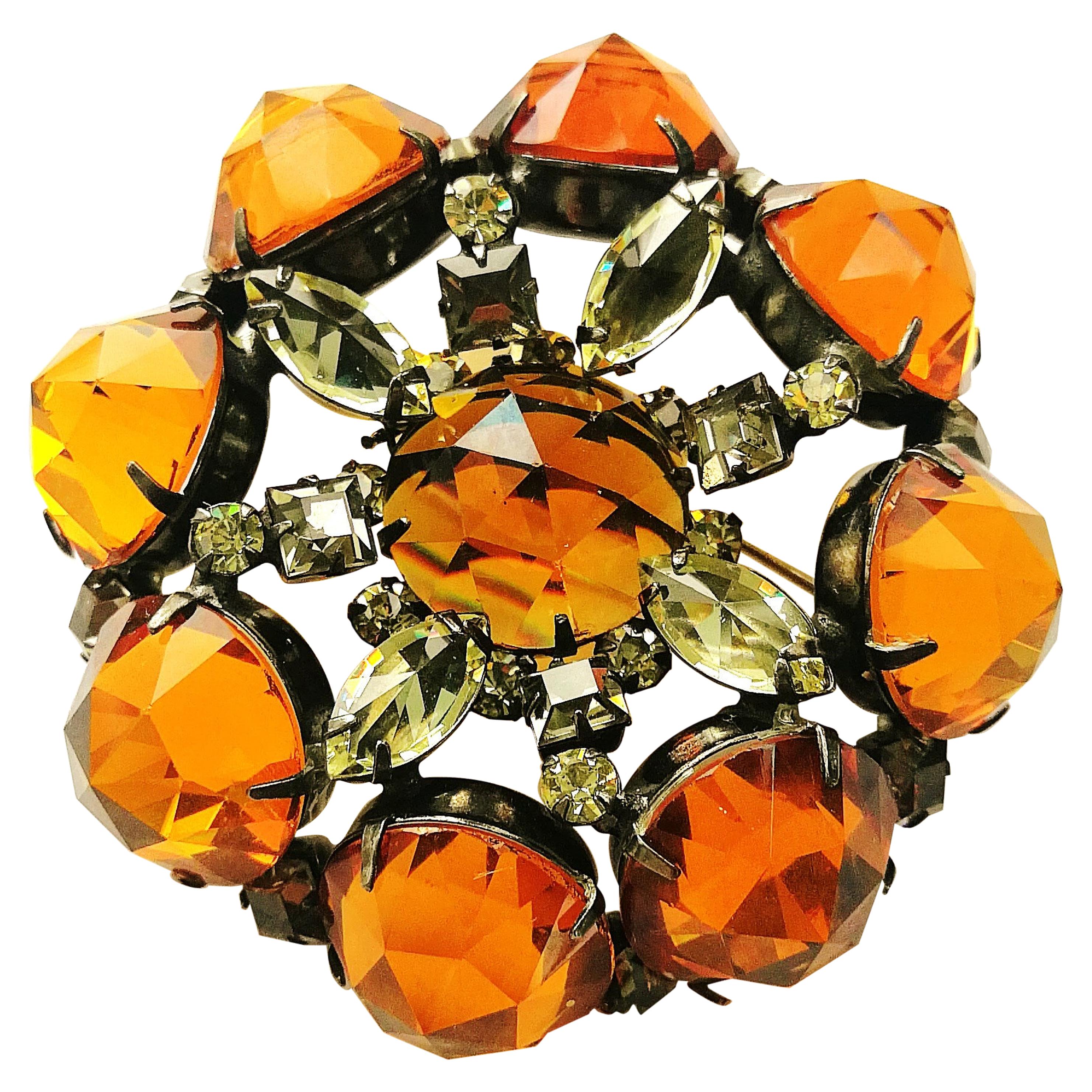 Very large unsigned topaz and citrine glass brooch, Schreiner, New York, 1960s