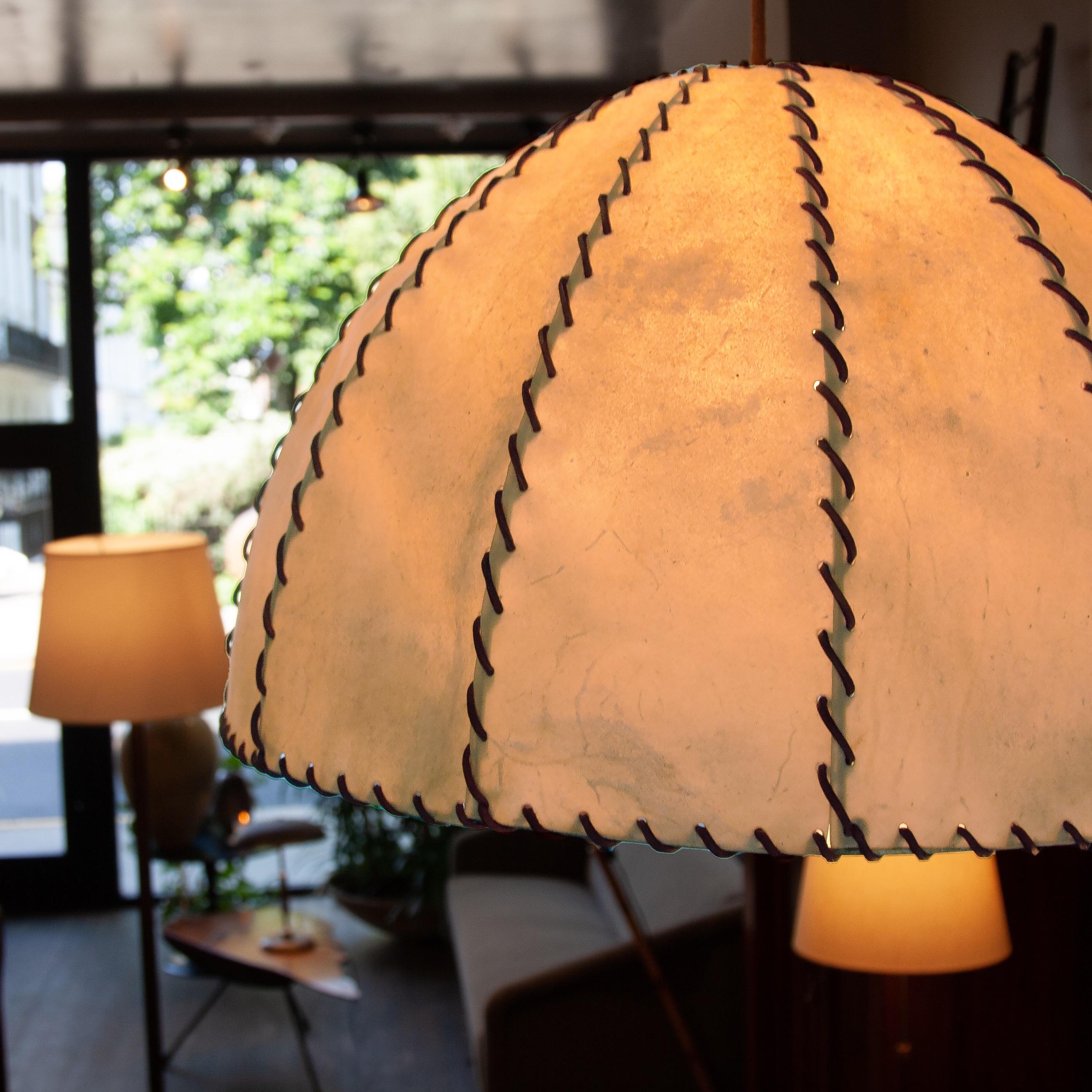 Mid-Century Modern Very Large Vellum and Leather Cord Lampshade, Early '70s
