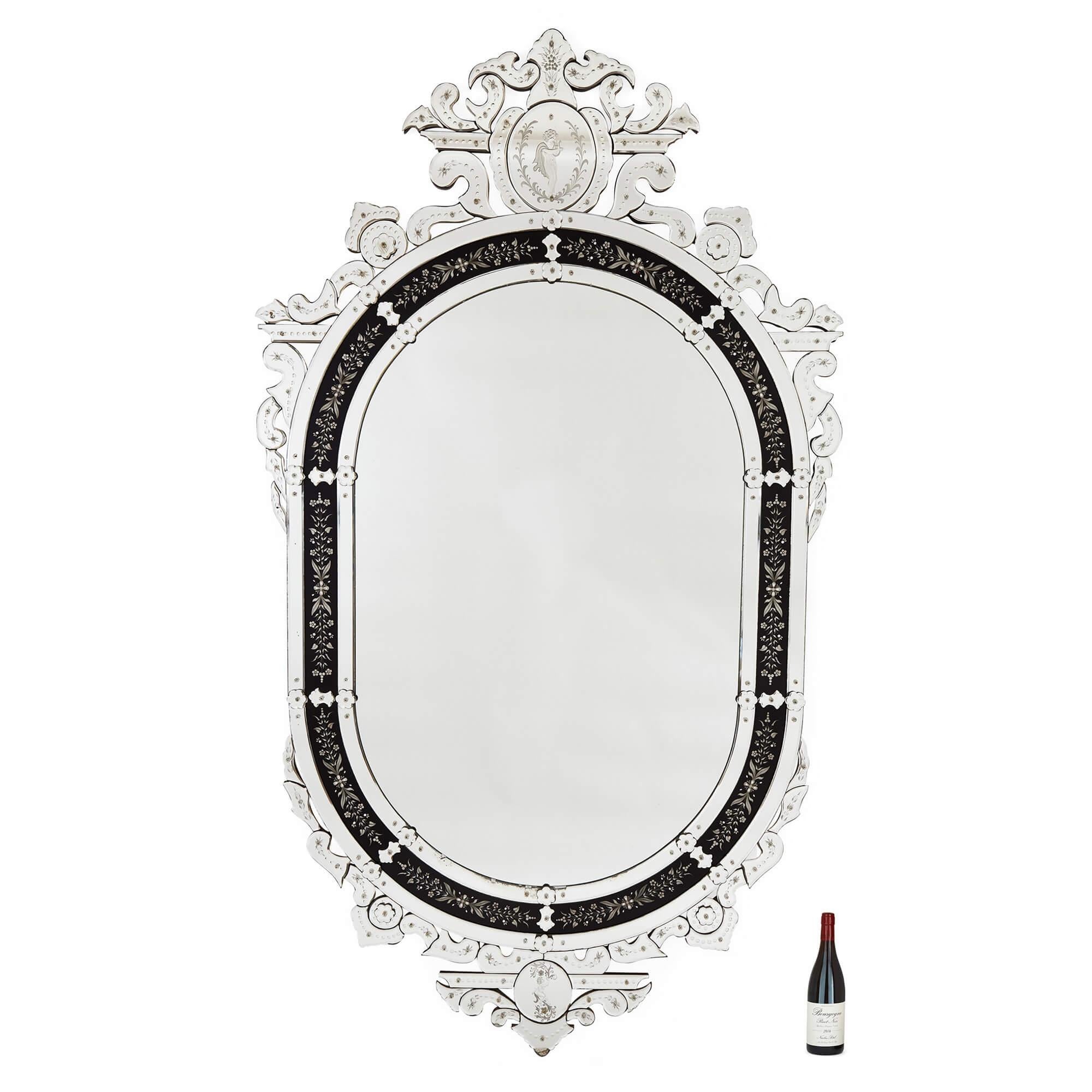 20th Century Very Large Venetian Glass Mirror with Engraved Decoration For Sale