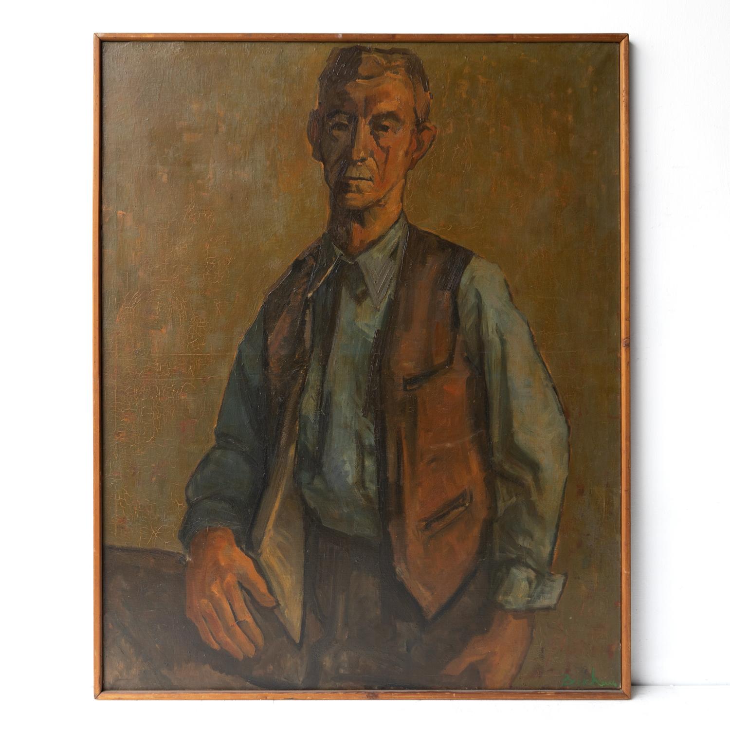 MID-CENTURY PORTRAIT PAINTING BY LUCIEN BRESCHEAU (1930-2020)
Depicting a man with a well-weathered face, a steely-eyed stare and pursed lips in a blue shirt and waistcoat. 

Painted in an expressionist style that really captures the character of