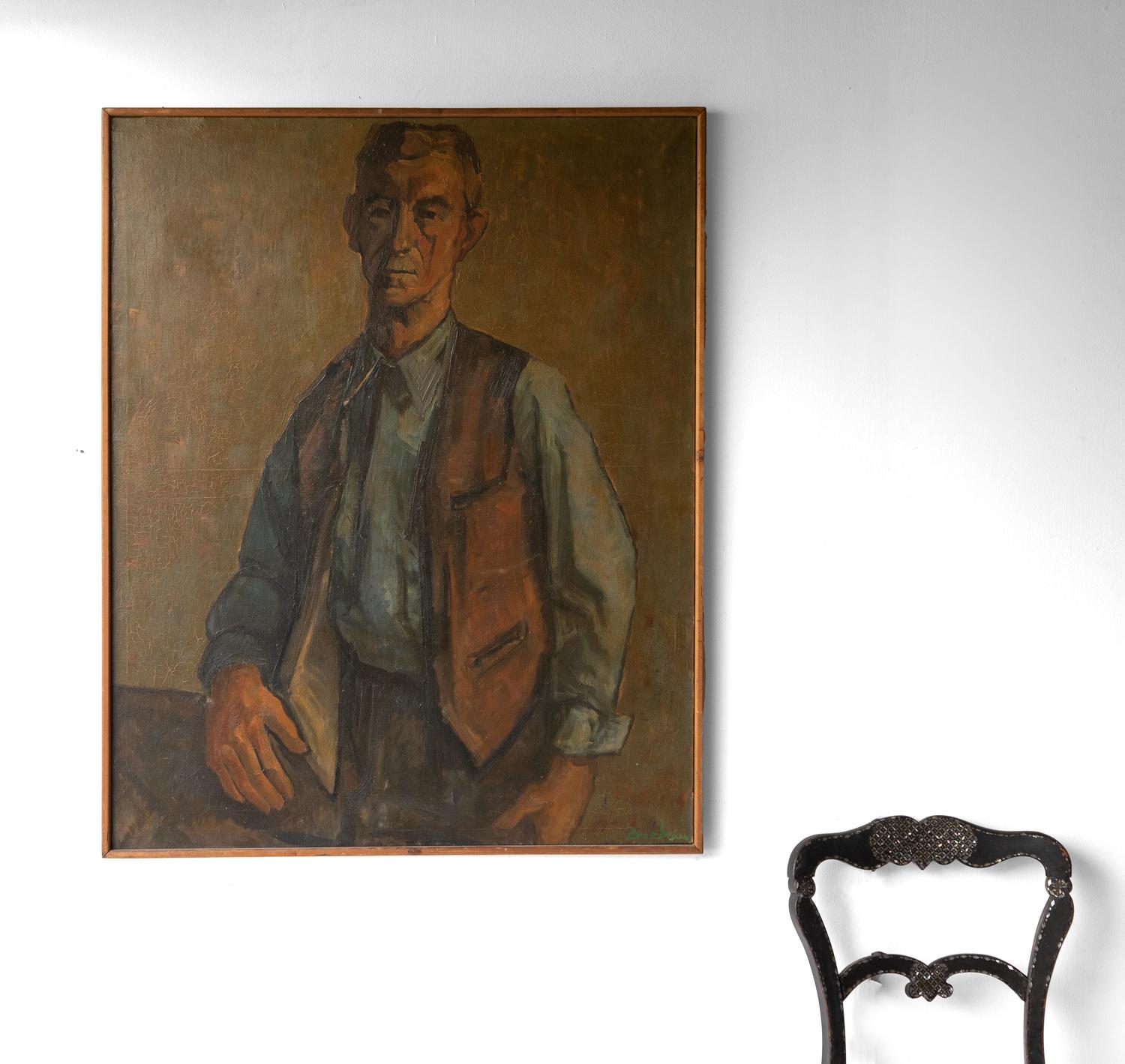 French Large Vintage Belgian Expressionist Portrait Of A Man, Original Oil Painting
