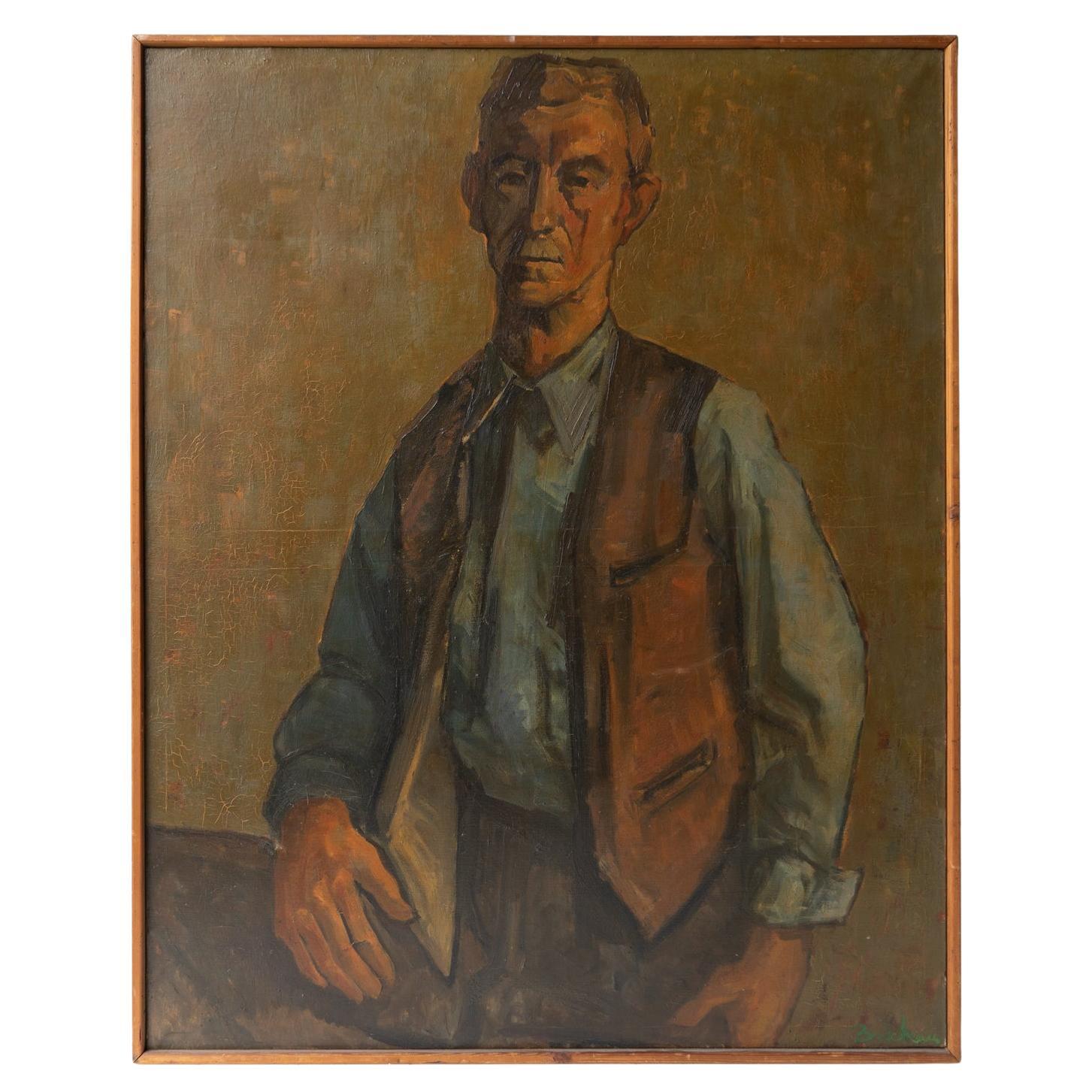 Large Vintage Belgian Expressionist Portrait Of A Man, Original Oil Painting