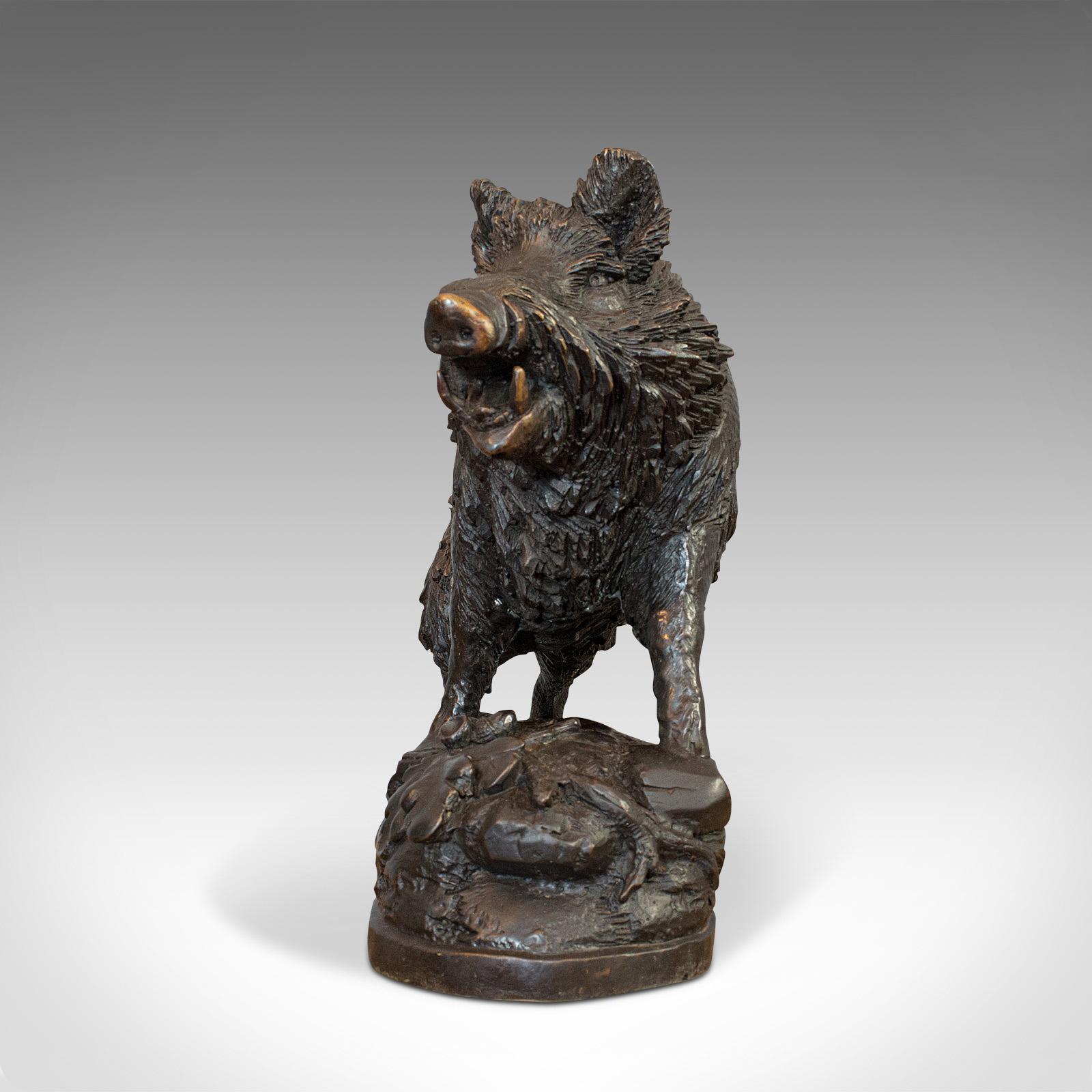 This is a very large, vintage bronze boar sculpture. A Continental, natural study or statue of the European wild boar, dating to the mid-20th century, circa 1950.

Of profuse detail and impressive weight
Displays a desirable aged patina
Sculpted