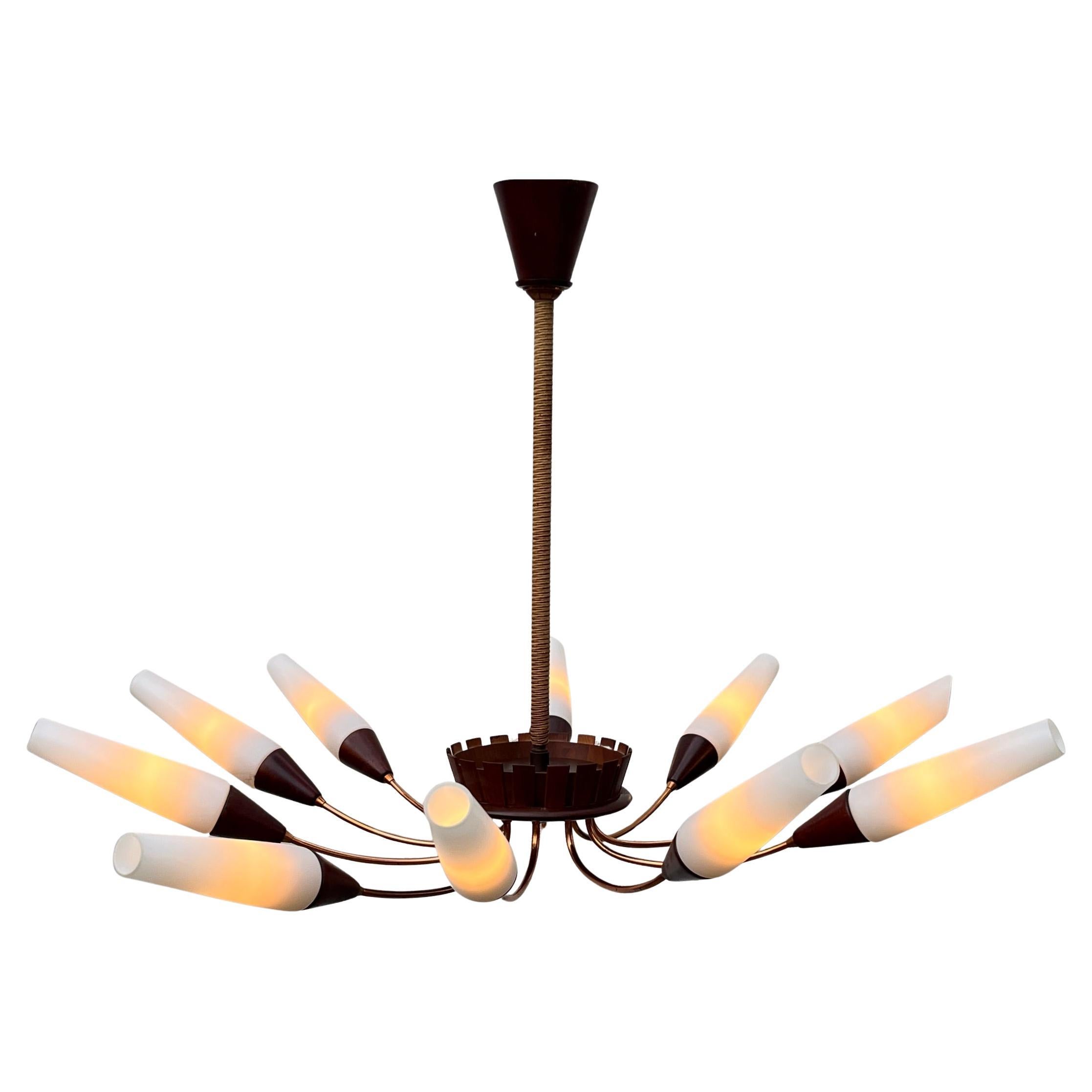 Very Large Vintage Chandelier 10 Arms With Wooden Details Italy, 1960s