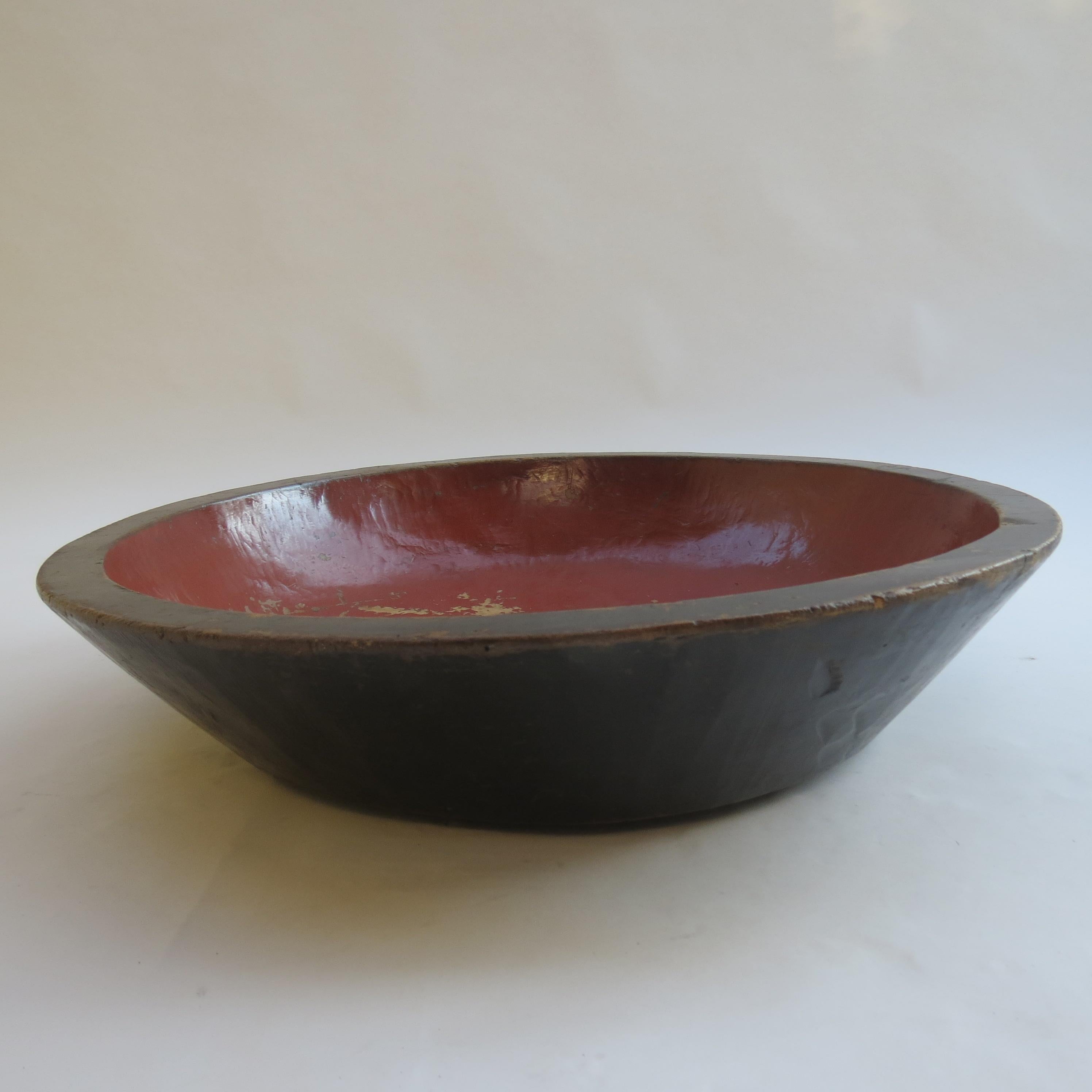 Rustic Very Large Vintage Hand Produced Red and Black Lacquered Japanese Bowl
