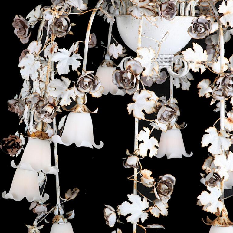 Organic Modern Very Large Vintage Italian Tole Chandelier with Cascading Roses and Leaves