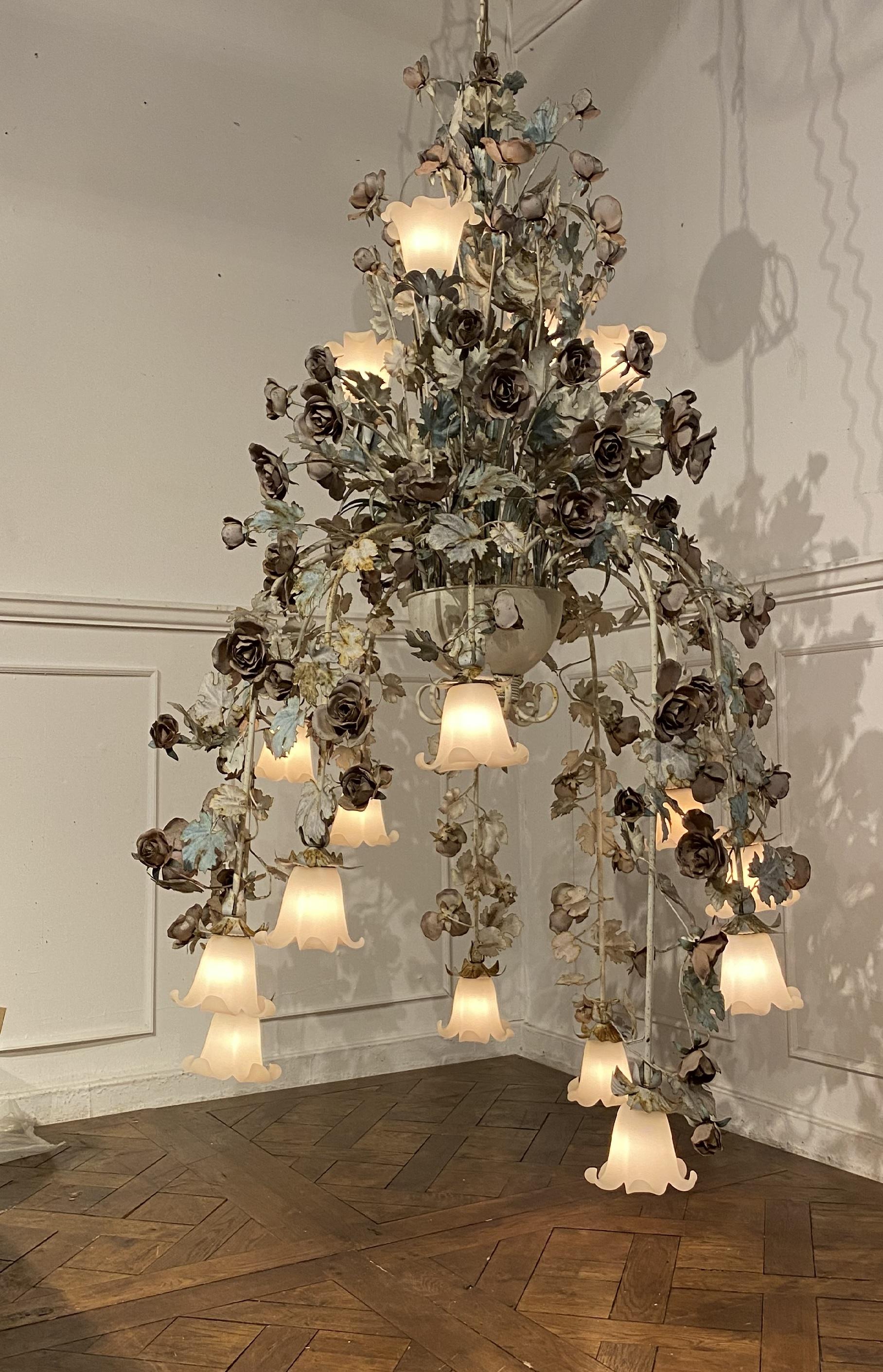 Metal Very Large Vintage Italian Tole Chandelier with Cascading Roses and Leaves