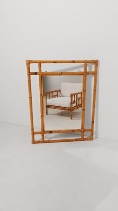 Very Large Vintage Mirror, Geometric Decor in Bamboo Cane and Rattan, italy 70s