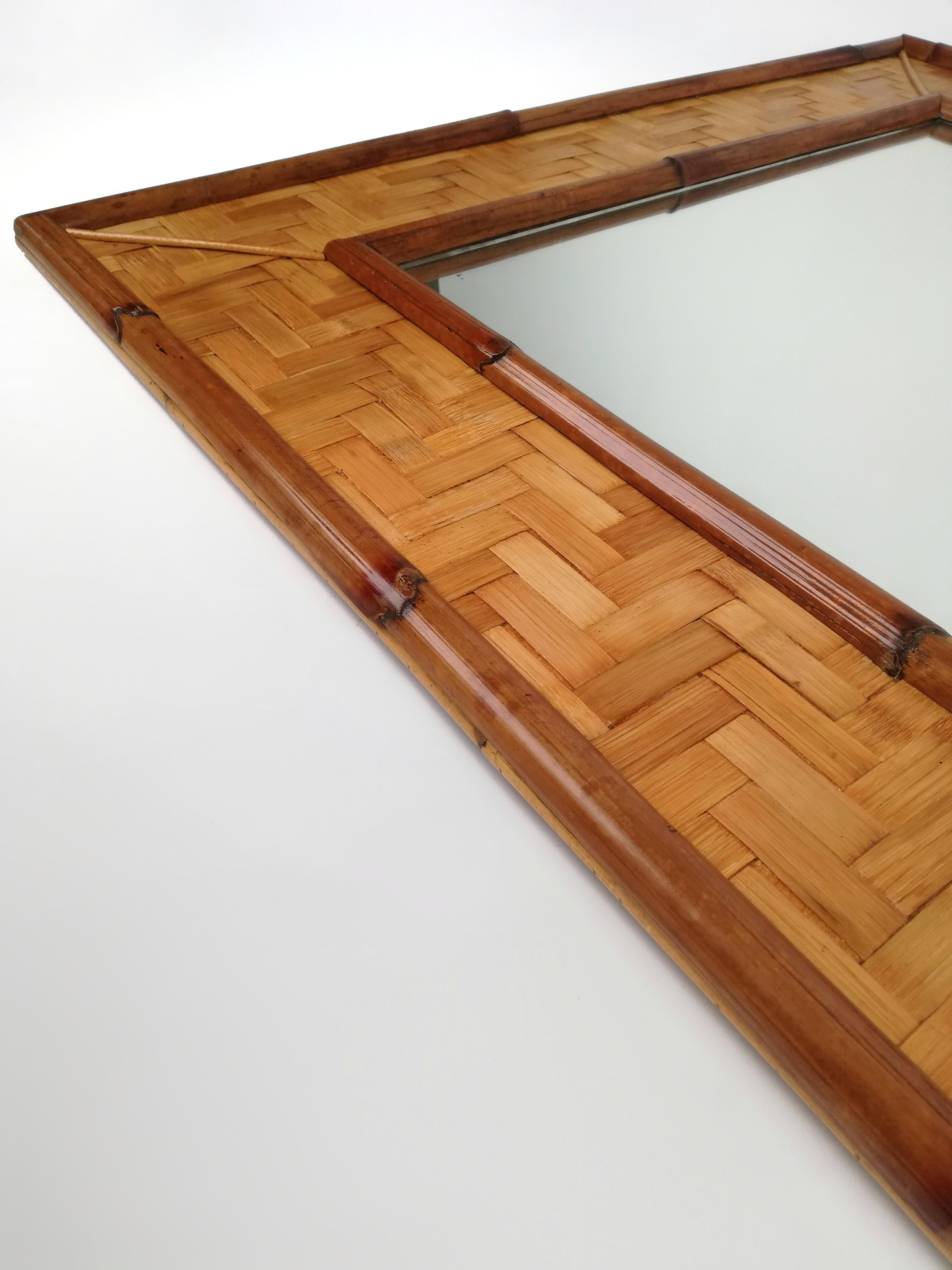 Very Large Vintage Mirror in Bamboo Cane and Rattan Parquets, Italy 1970s 3