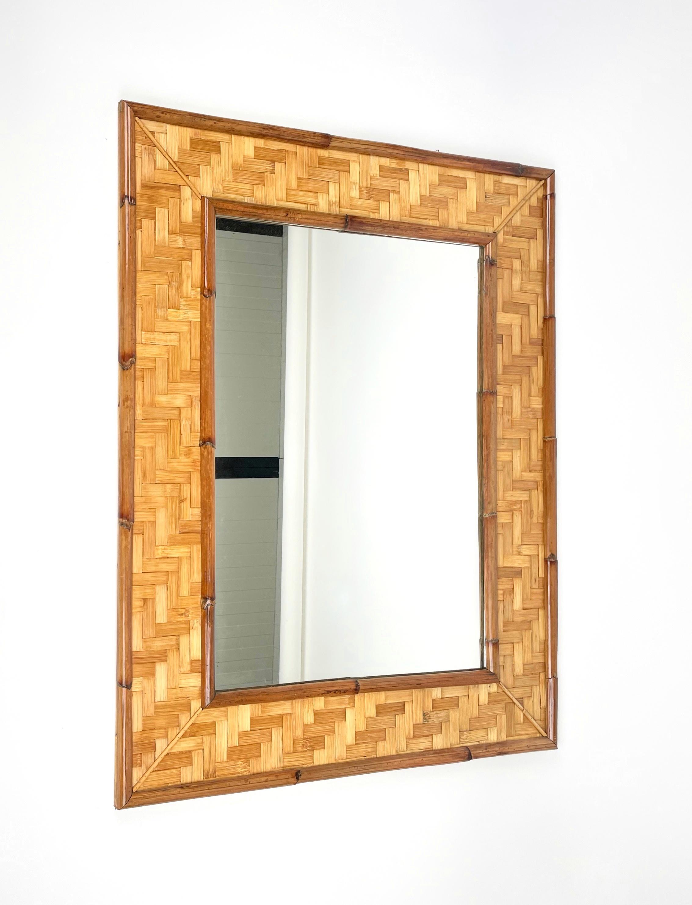 Very Large Vintage Mirror in Bamboo Cane and Rattan Parquets, Italy 1970s 4