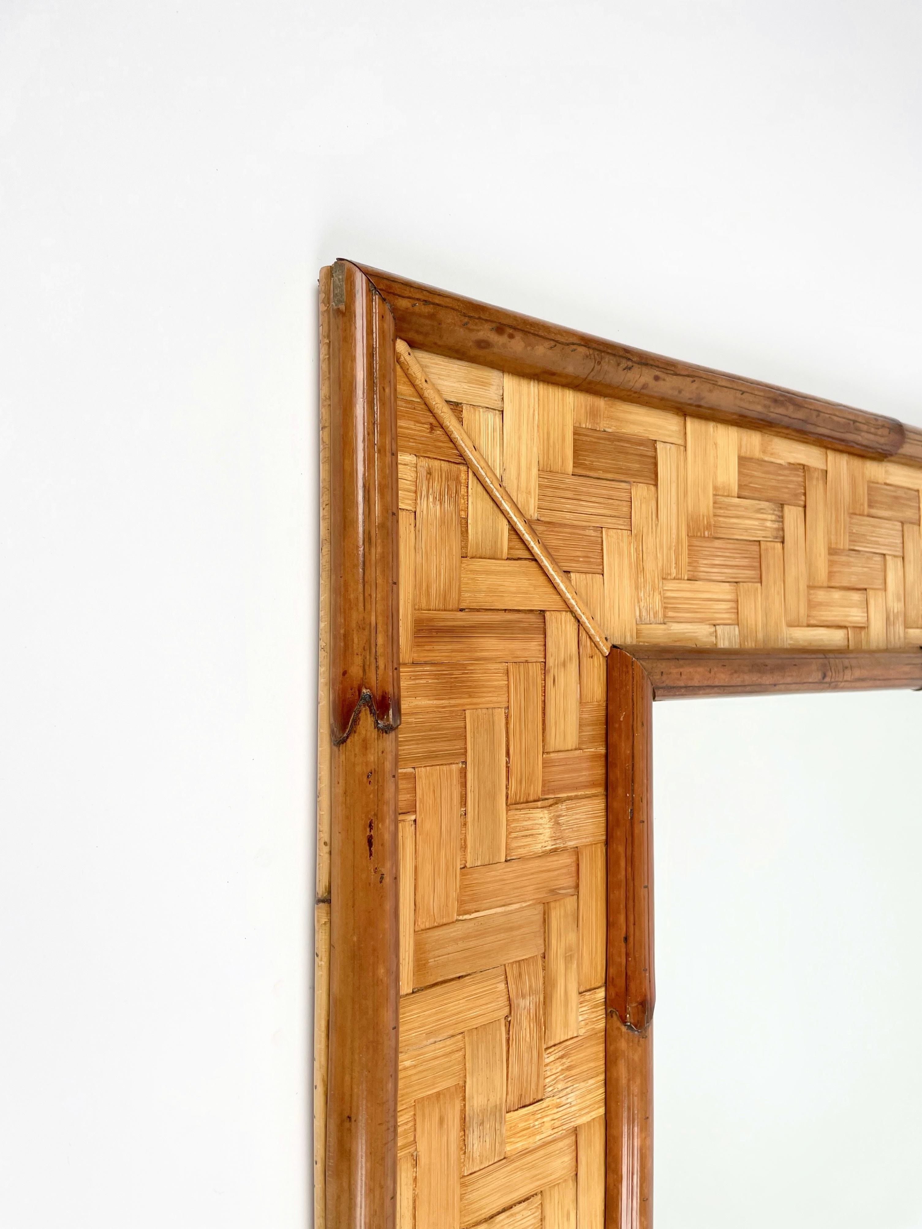 Very Large Vintage Mirror in Bamboo Cane and Rattan Parquets, Italy 1970s For Sale 6
