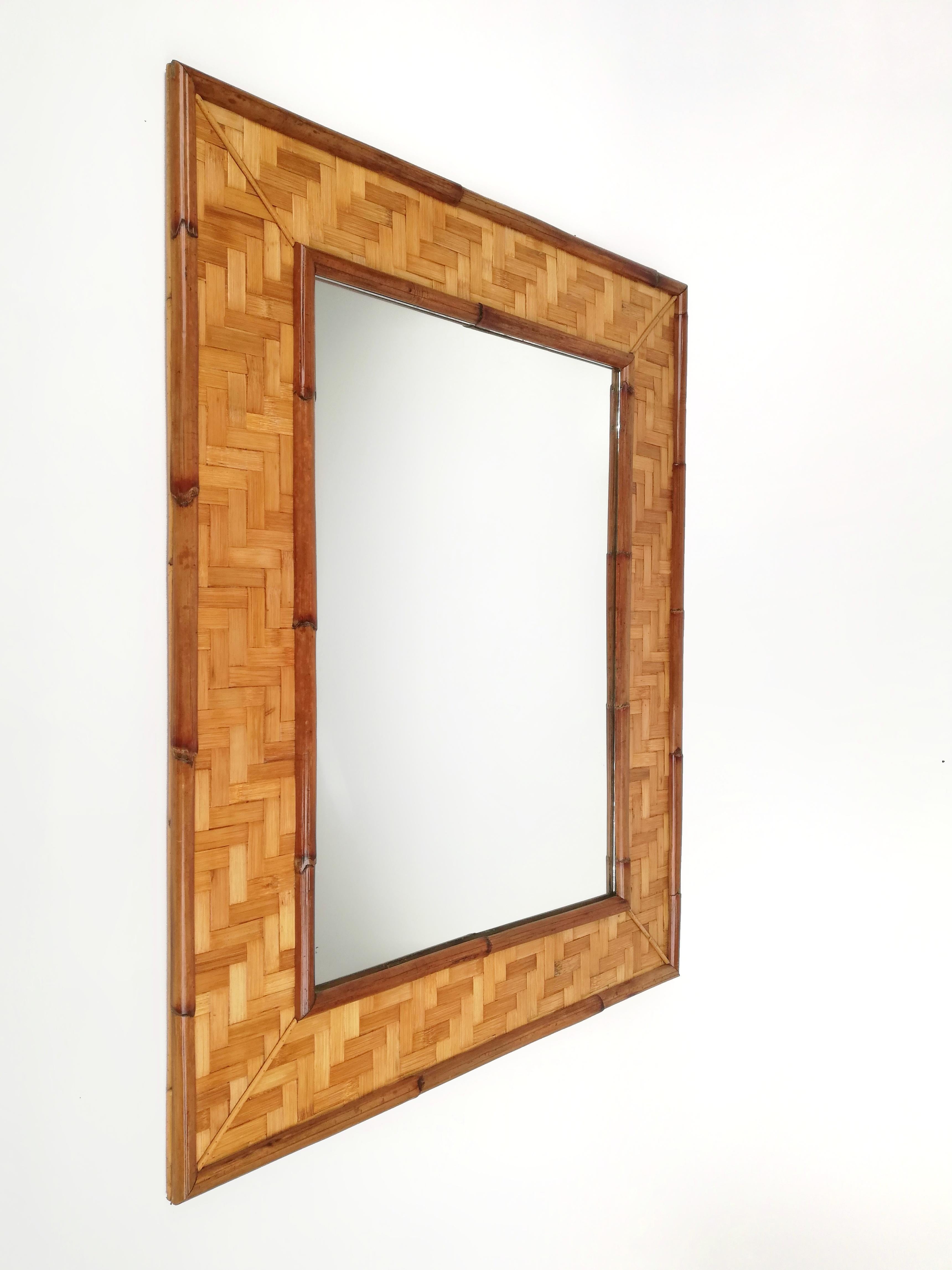 Very Large Vintage Mirror in Bamboo Cane and Rattan Parquets, Italy 1970s For Sale 7