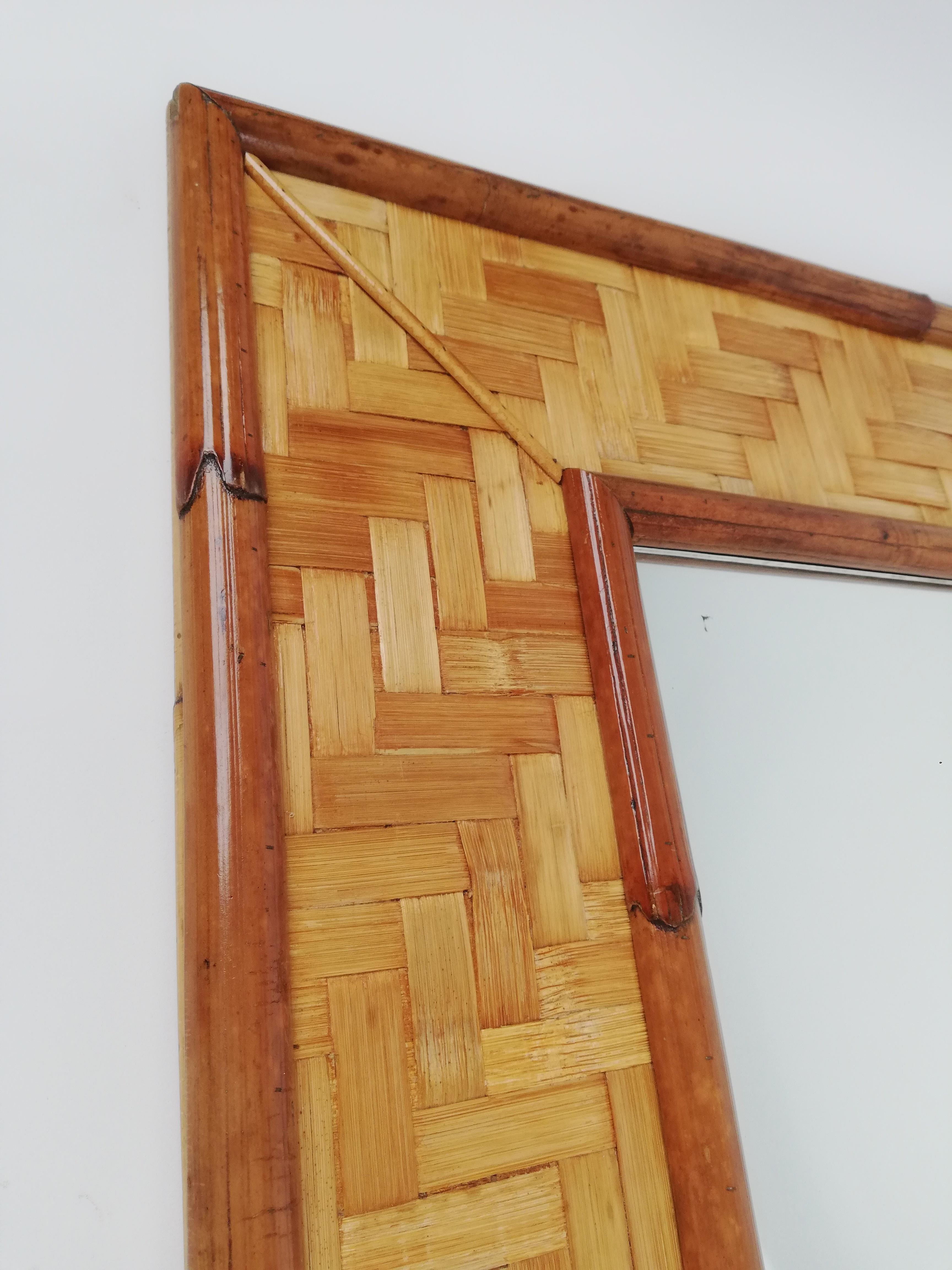 Very Large Vintage Mirror in Bamboo Cane and Rattan Parquets, Italy 1970s For Sale 8