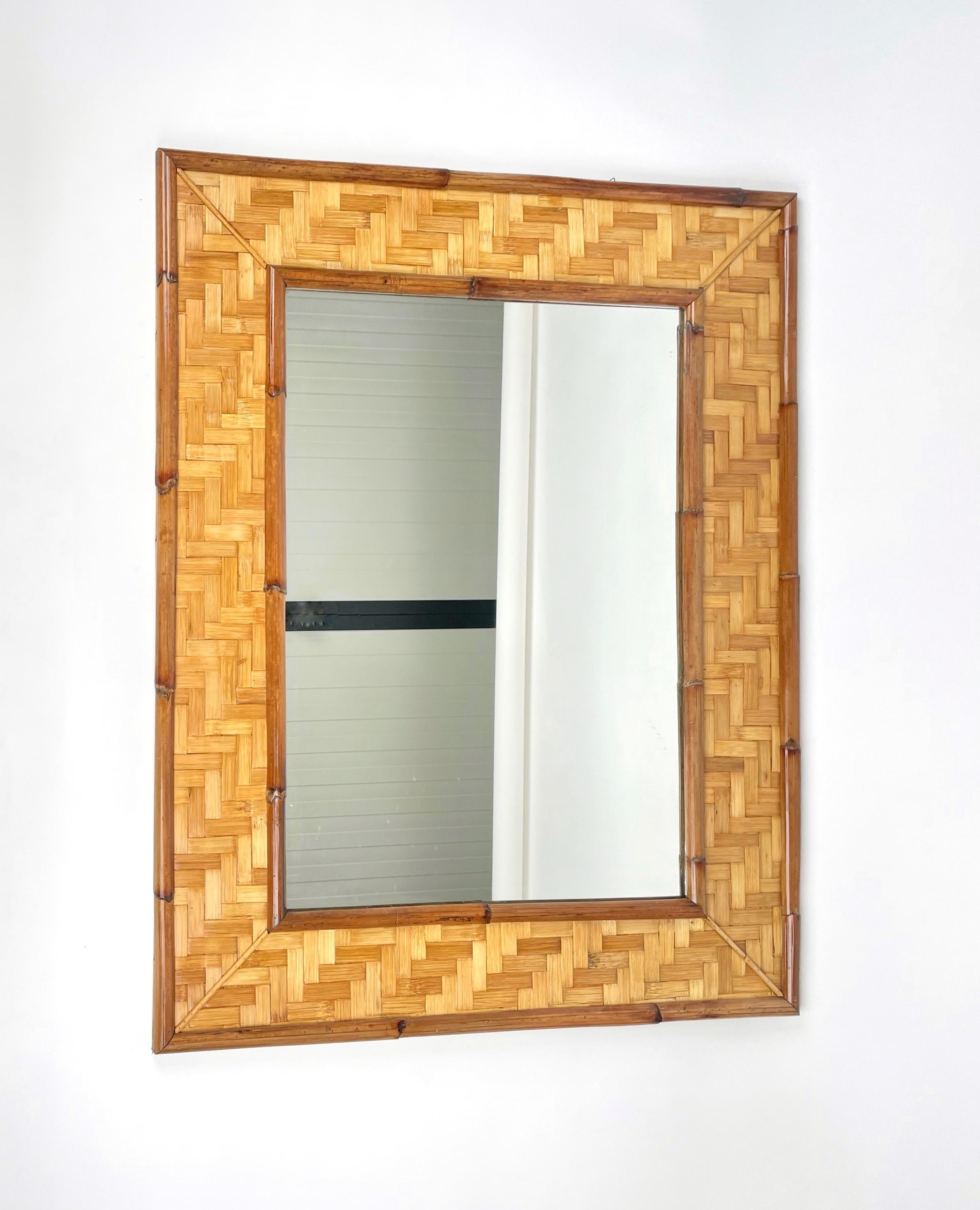 Mid-Century Modern Very Large Vintage Mirror in Bamboo Cane and Rattan Parquets, Italy 1970s For Sale
