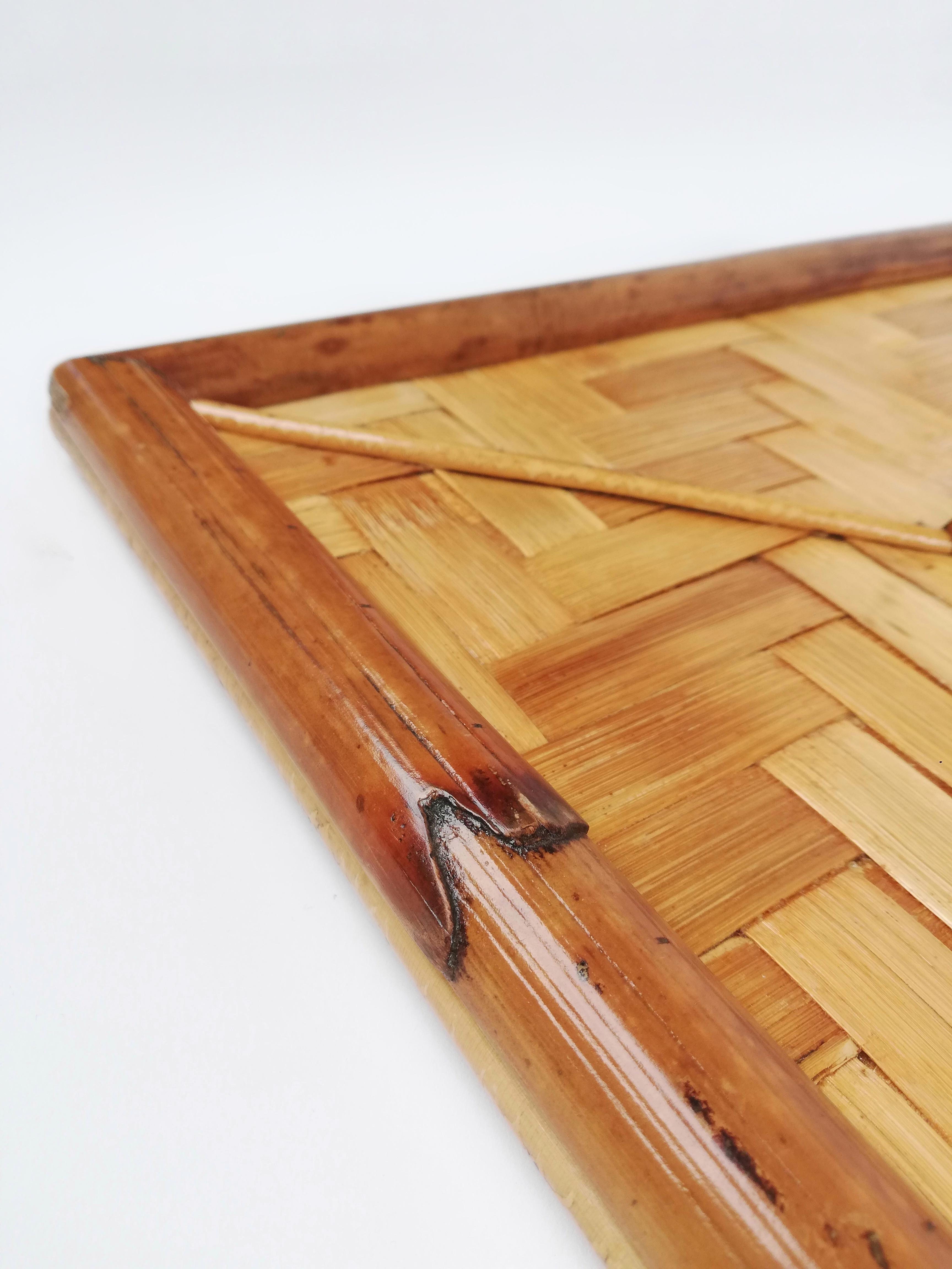 Mid-Century Modern Very Large Vintage Mirror in Bamboo Cane and Rattan Parquets, Italy 1970s
