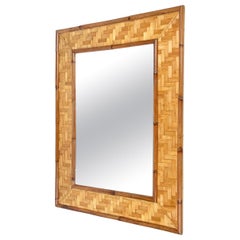Very Large Vintage Mirror in Bamboo Cane and Rattan Parquets, Italy 1970s