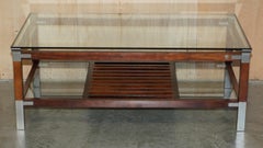 SEHR GROSSER VINTAGE PIERRE VANDEL PARIS HARDWOOD PEWTER & GLAS COFFEE TABLE