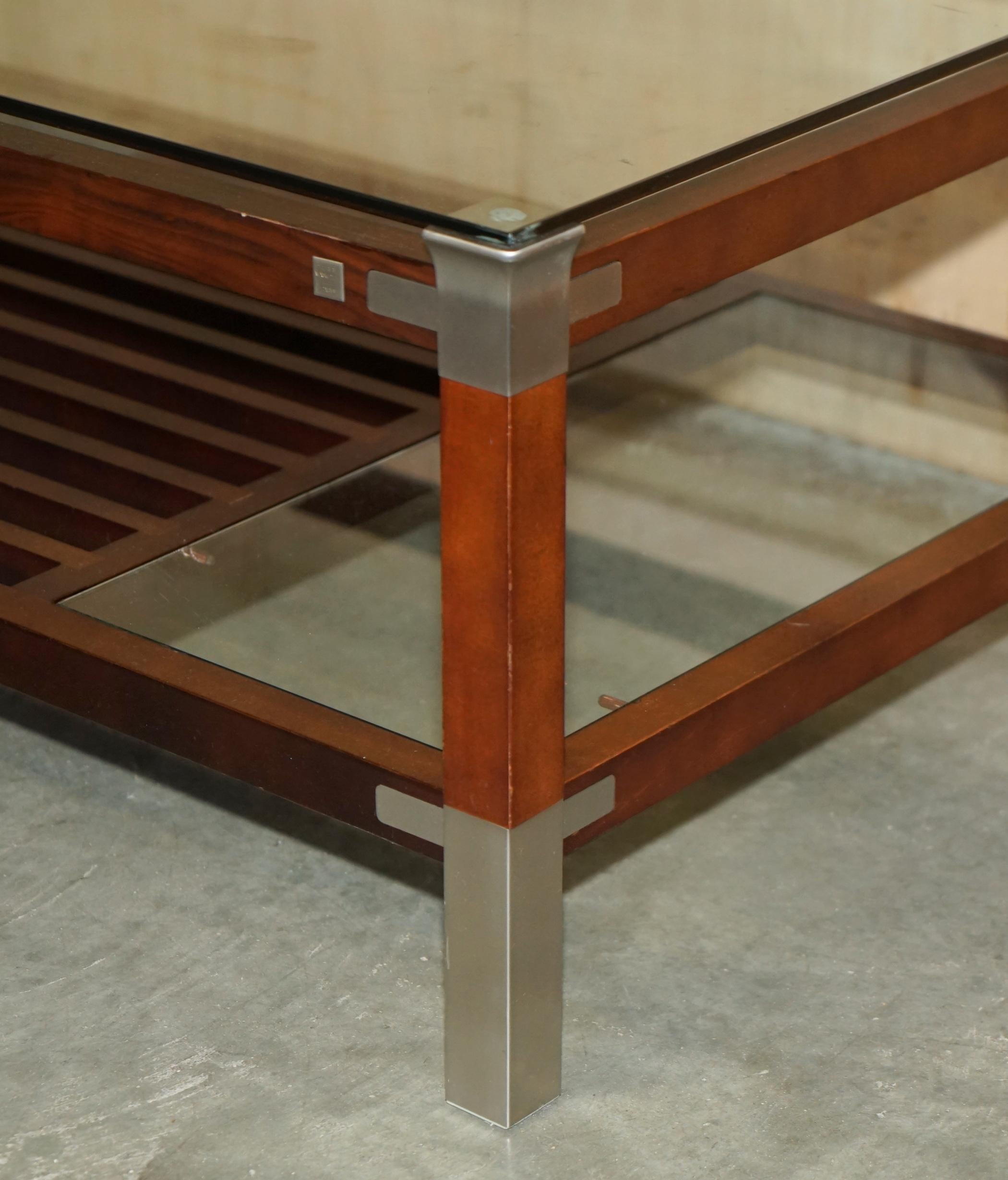 SEHR GROSSER VINTAGE PIERRE VANDEL PARIS HARDWOOD PEWTER & GLAS COFFEE TABLE (Französisch) im Angebot