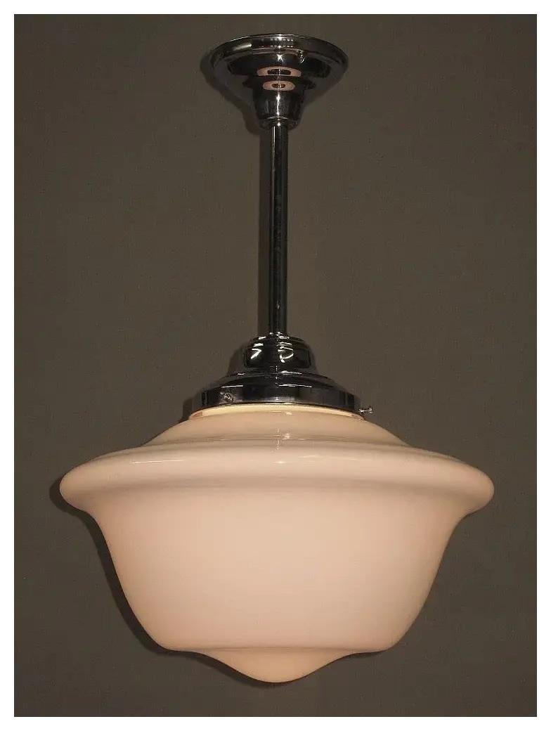 3 available, priced for each single fixture.
Price each includes drop up to 65 inches.
With one of the more pleasing profiles of the old vintage schoolhouse lights, theses 1920s / 30s shades are approximately 14 inches across. Each can handle up to