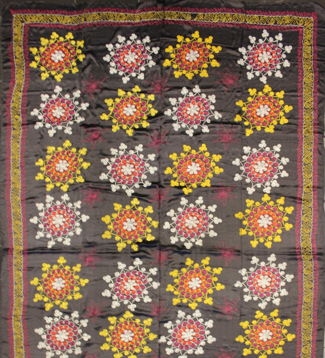 Turkestan Very Large Vintage Silk Suzani with All-Over Embroidery in Charcoal Background For Sale