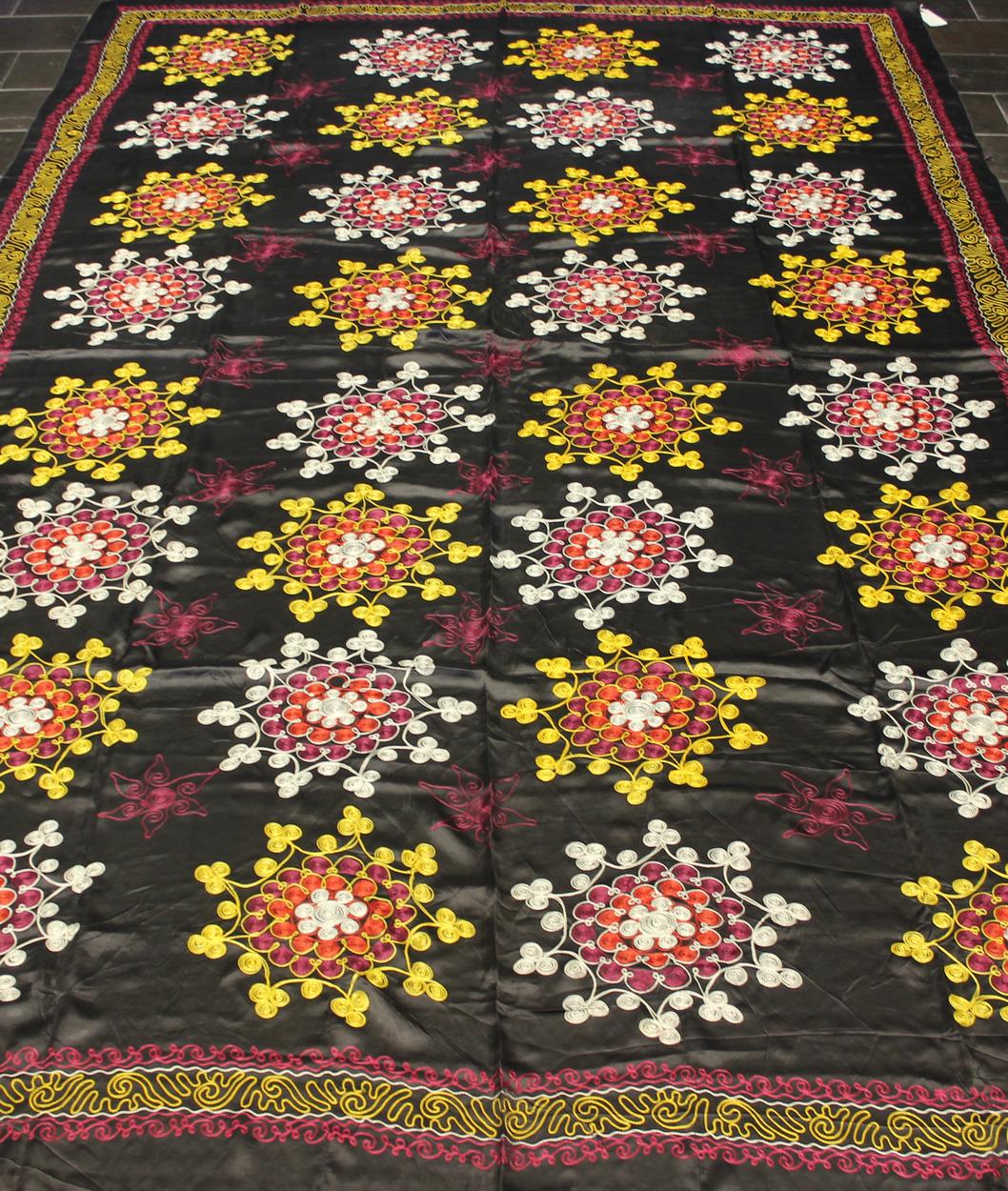 Very Large Vintage Silk Suzani with All-Over Embroidery in Charcoal Background In Good Condition For Sale In Atlanta, GA