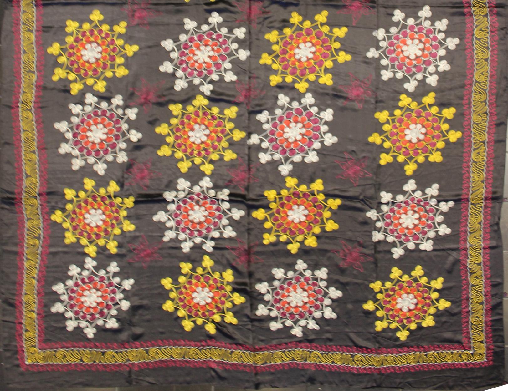 20th Century Very Large Vintage Silk Suzani with All-Over Embroidery in Charcoal Background For Sale