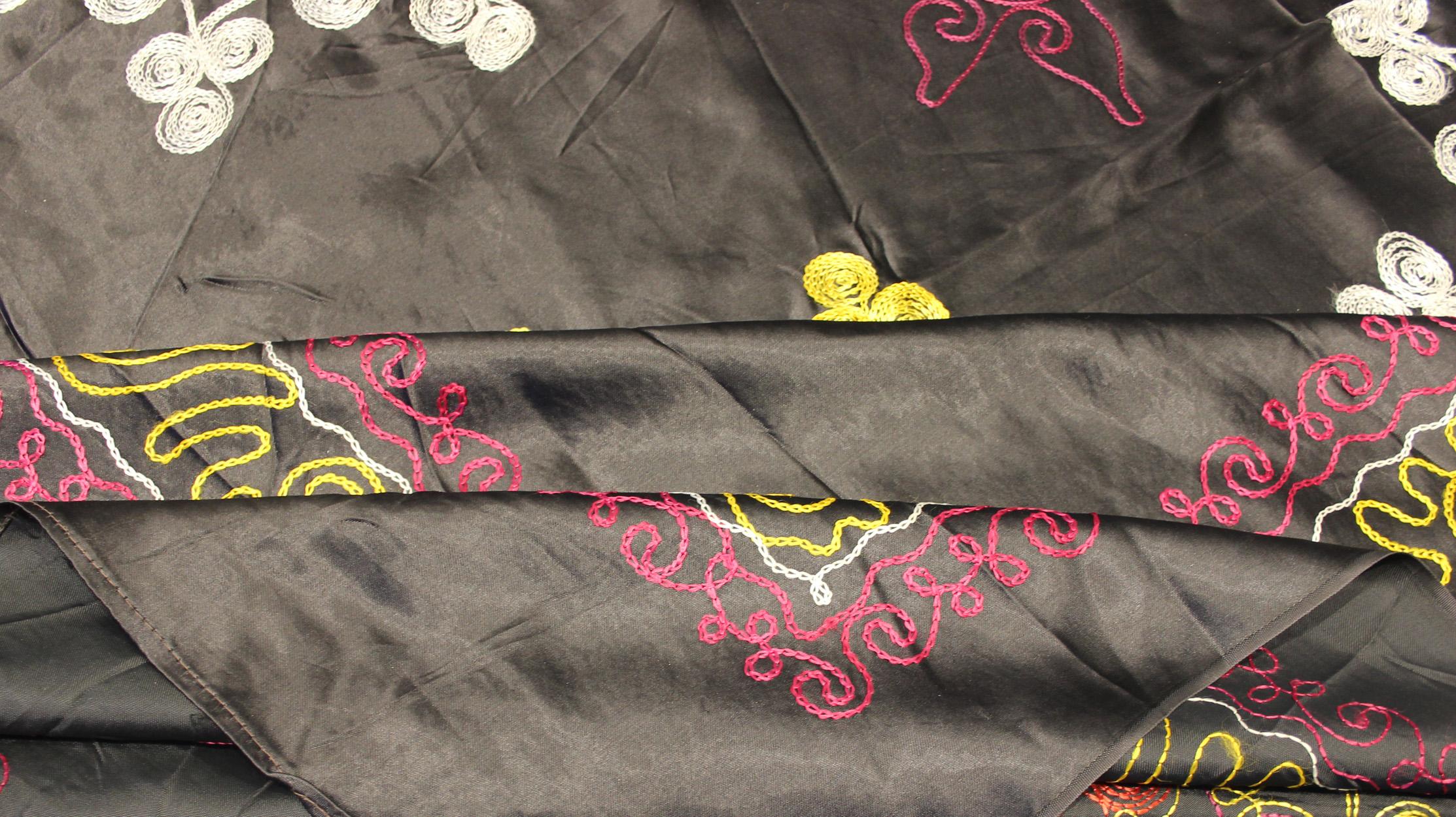 Very Large Vintage Silk Suzani with All-Over Embroidery in Charcoal Background For Sale 2