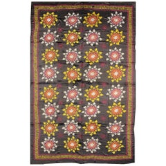 Very Large Vintage Silk Suzani with All-Over Embroidery in Charcoal Background