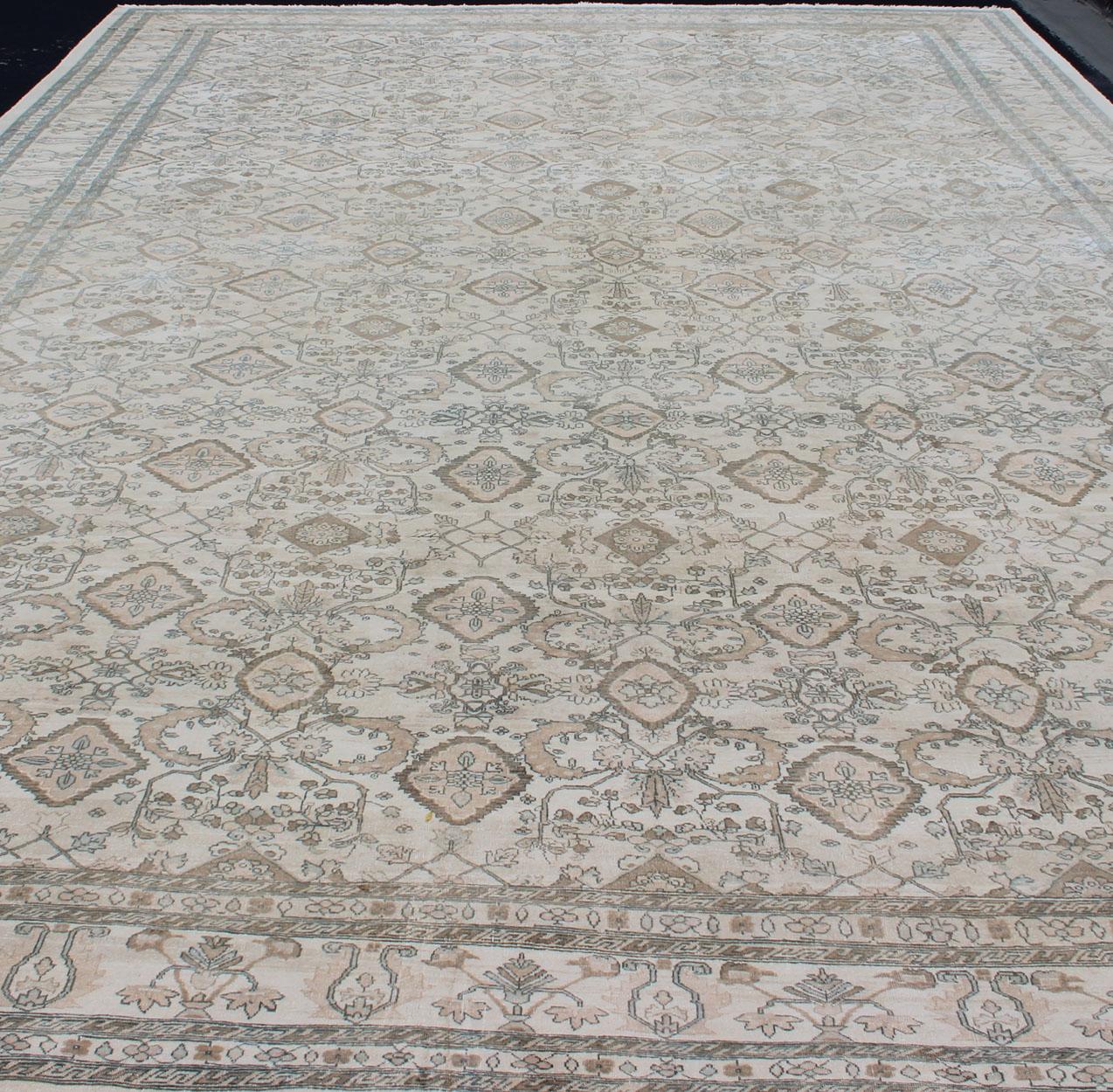 Very Large Vintage Rug in Ivory, Blue, Taupe, Brown, Coral For Sale 7