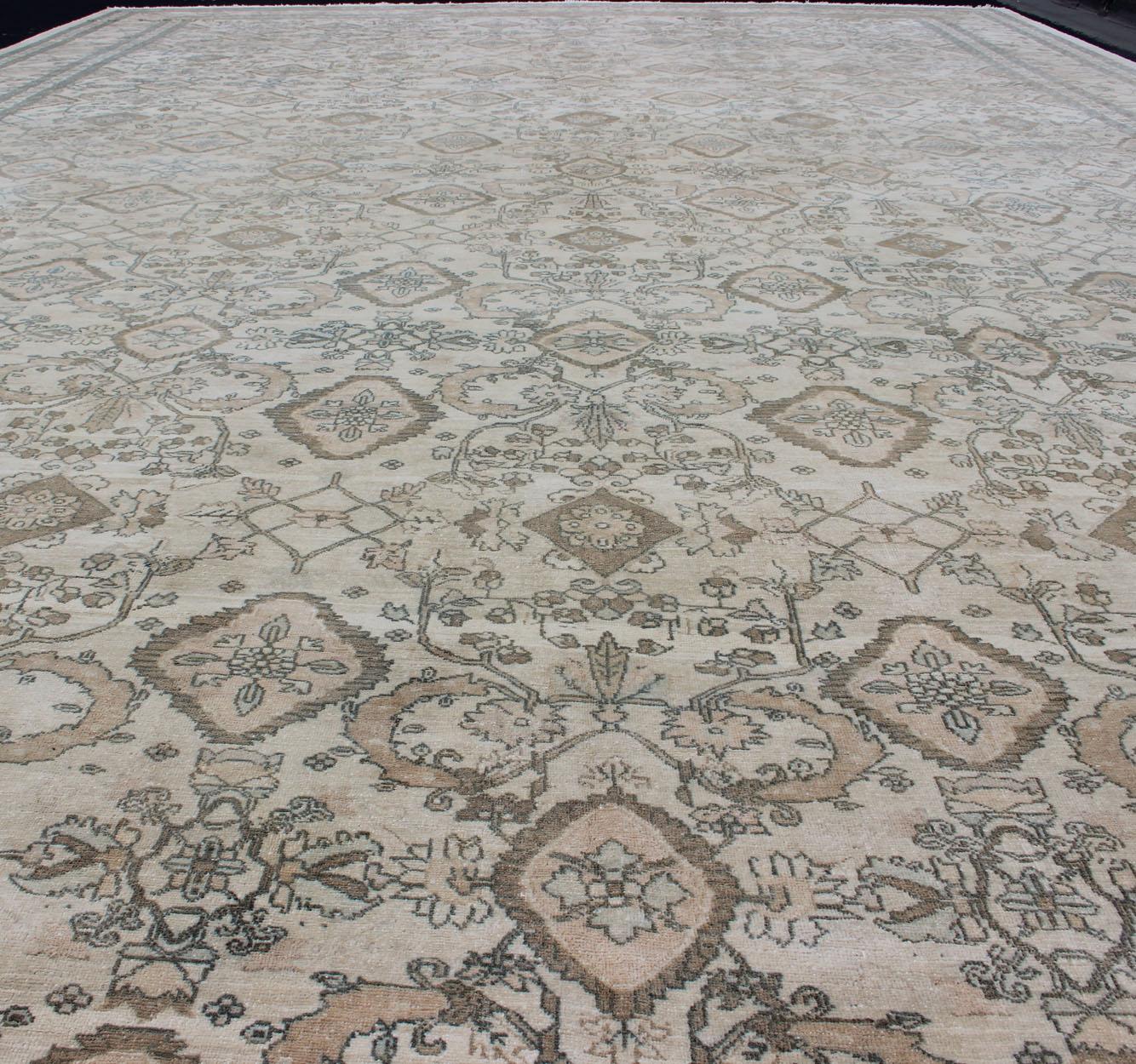 Hand-Knotted Very Large Vintage Rug in Ivory, Blue, Taupe, Brown, Coral For Sale