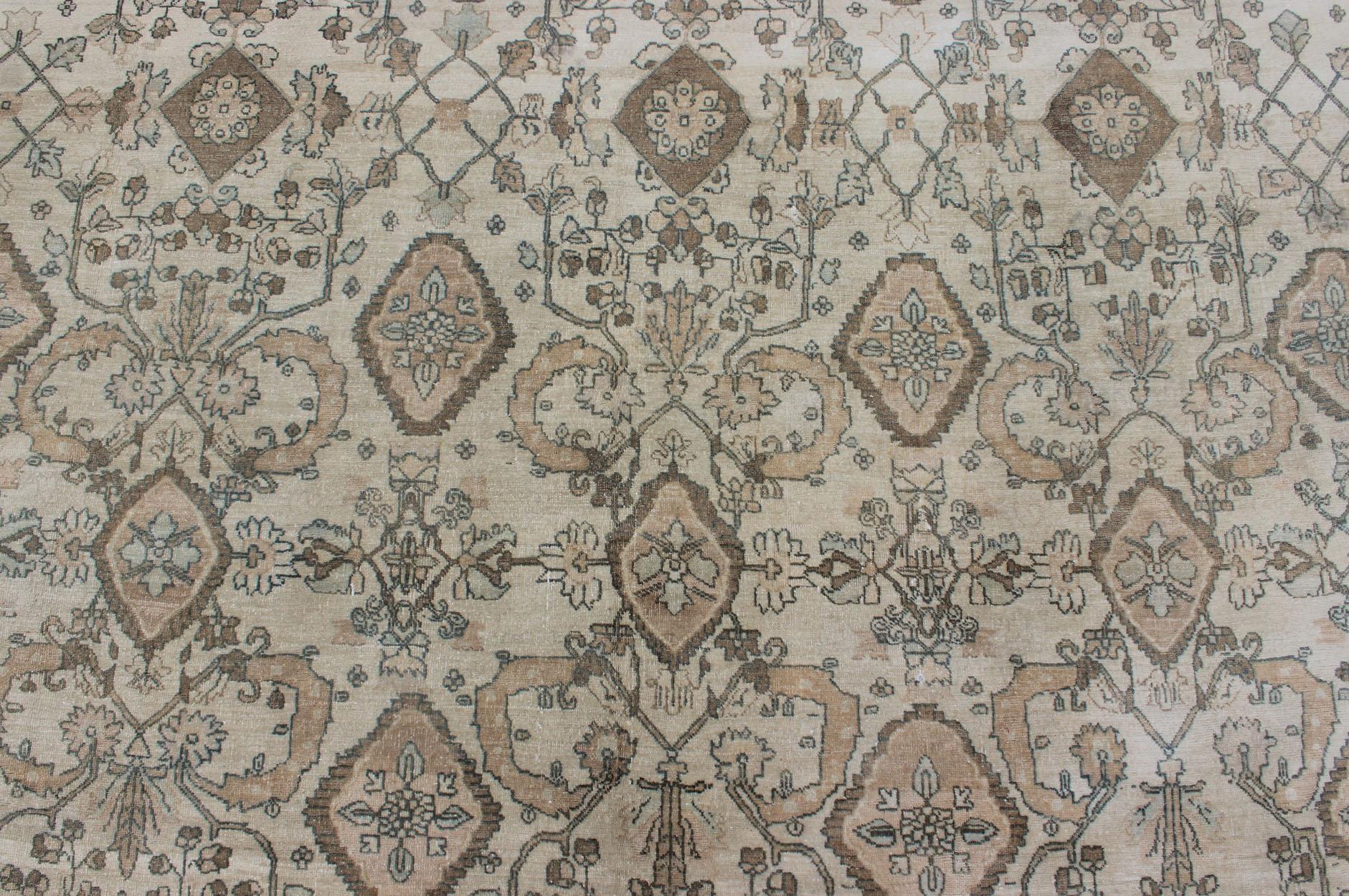20th Century Very Large Vintage Rug in Ivory, Blue, Taupe, Brown, Coral For Sale