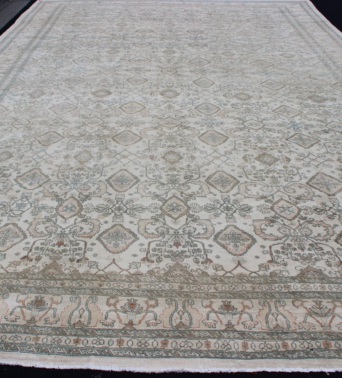 Wool Very Large Vintage Rug in Ivory, Blue, Taupe, Brown, Coral For Sale
