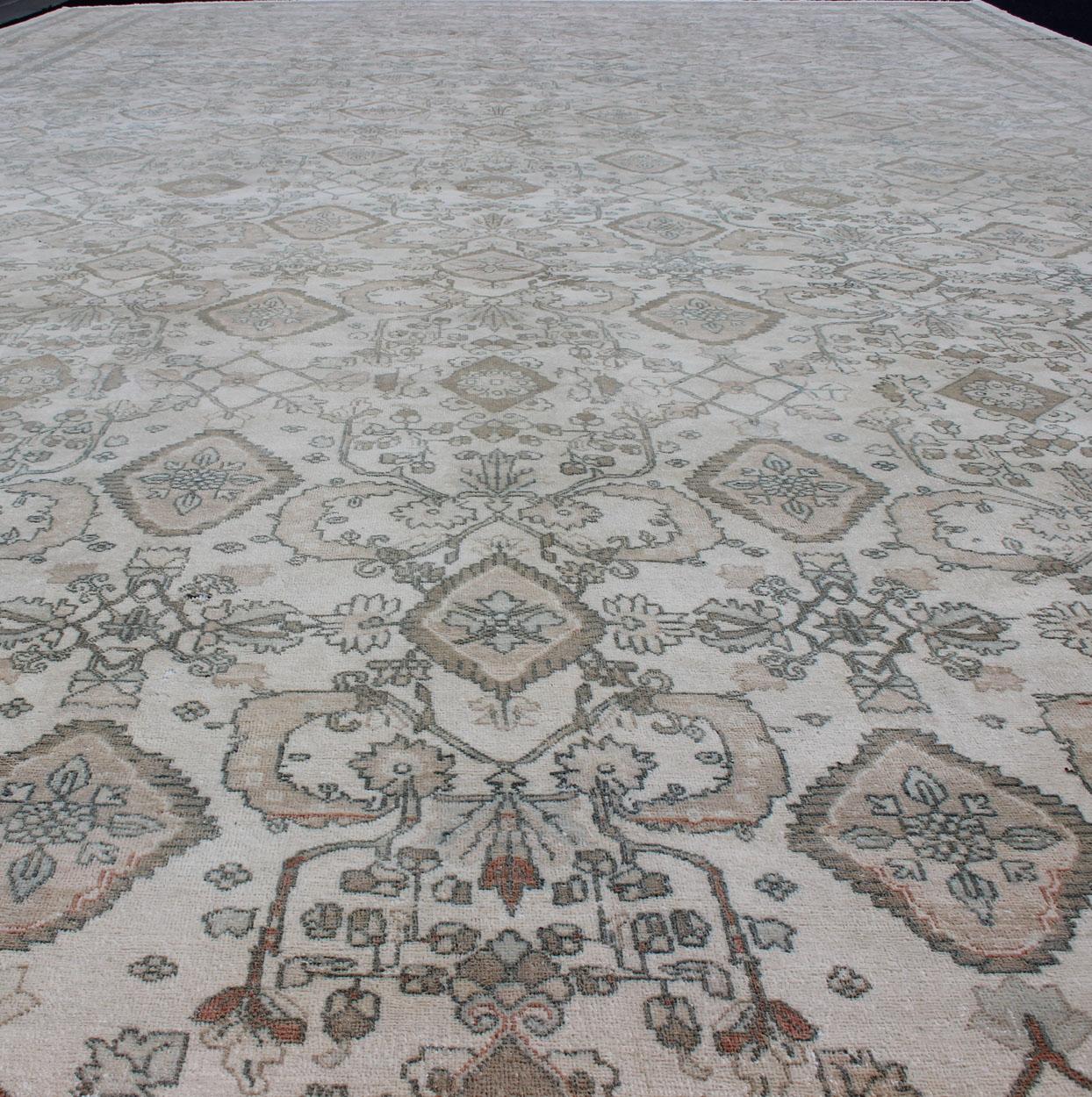 Very Large Vintage Rug in Ivory, Blue, Taupe, Brown, Coral For Sale 1