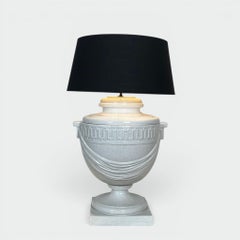 Very Large White Crackle-Glazed Ceramic Urn Lamp with Drapery and a Greek Frieze