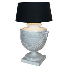 Very Large White Crackle-Glazed Ceramic Urn Lamp with Drapery and a Greek Frieze