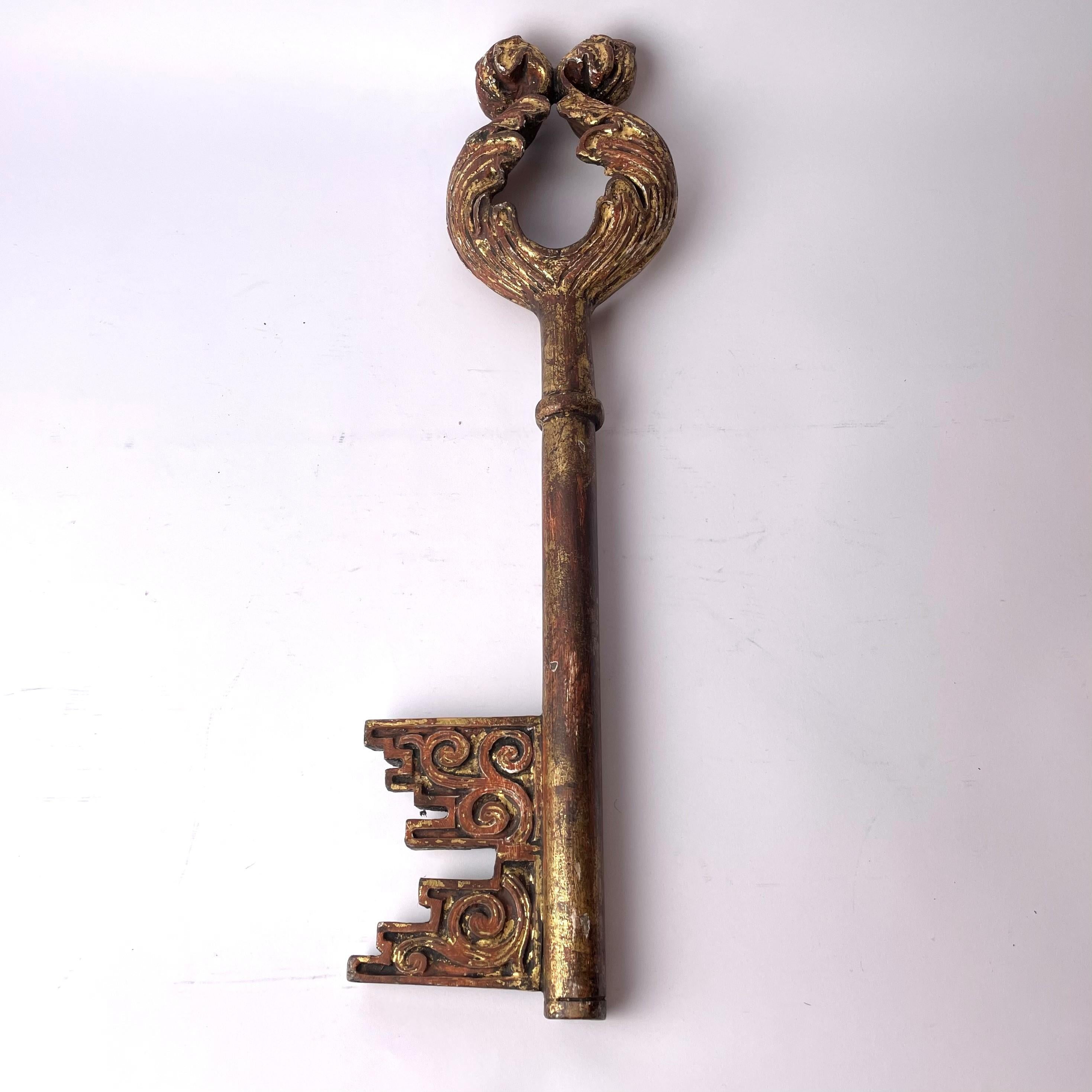 Baroque Very Large Woodcut and Gilded Key from the 17th Century