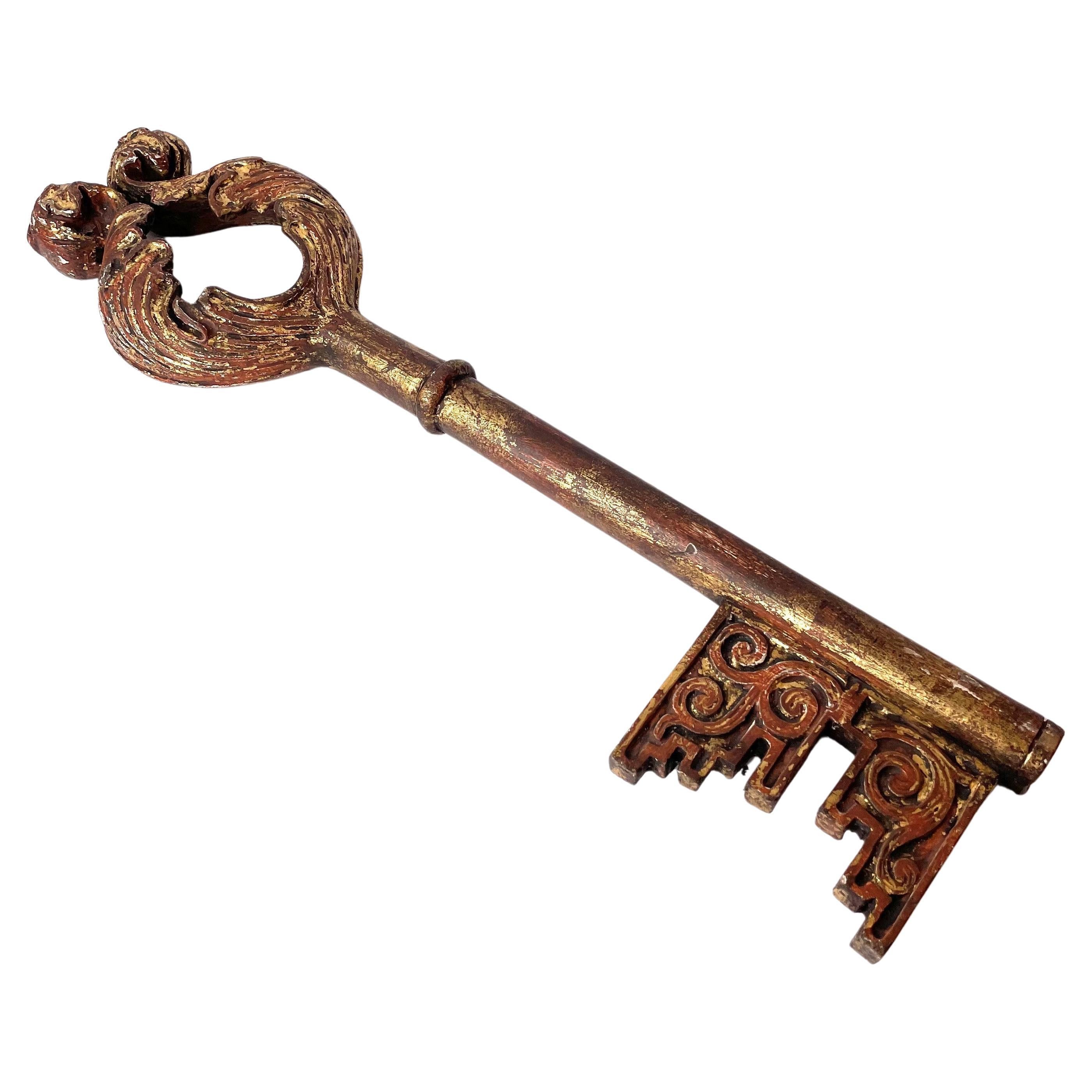 Very Large Woodcut and Gilded Key from the 17th Century